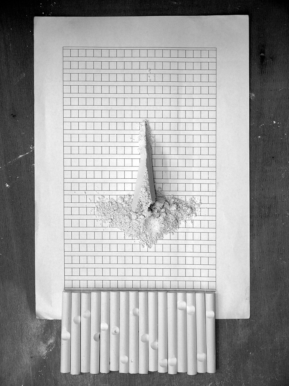 sculpture using chalk and manuscript paper