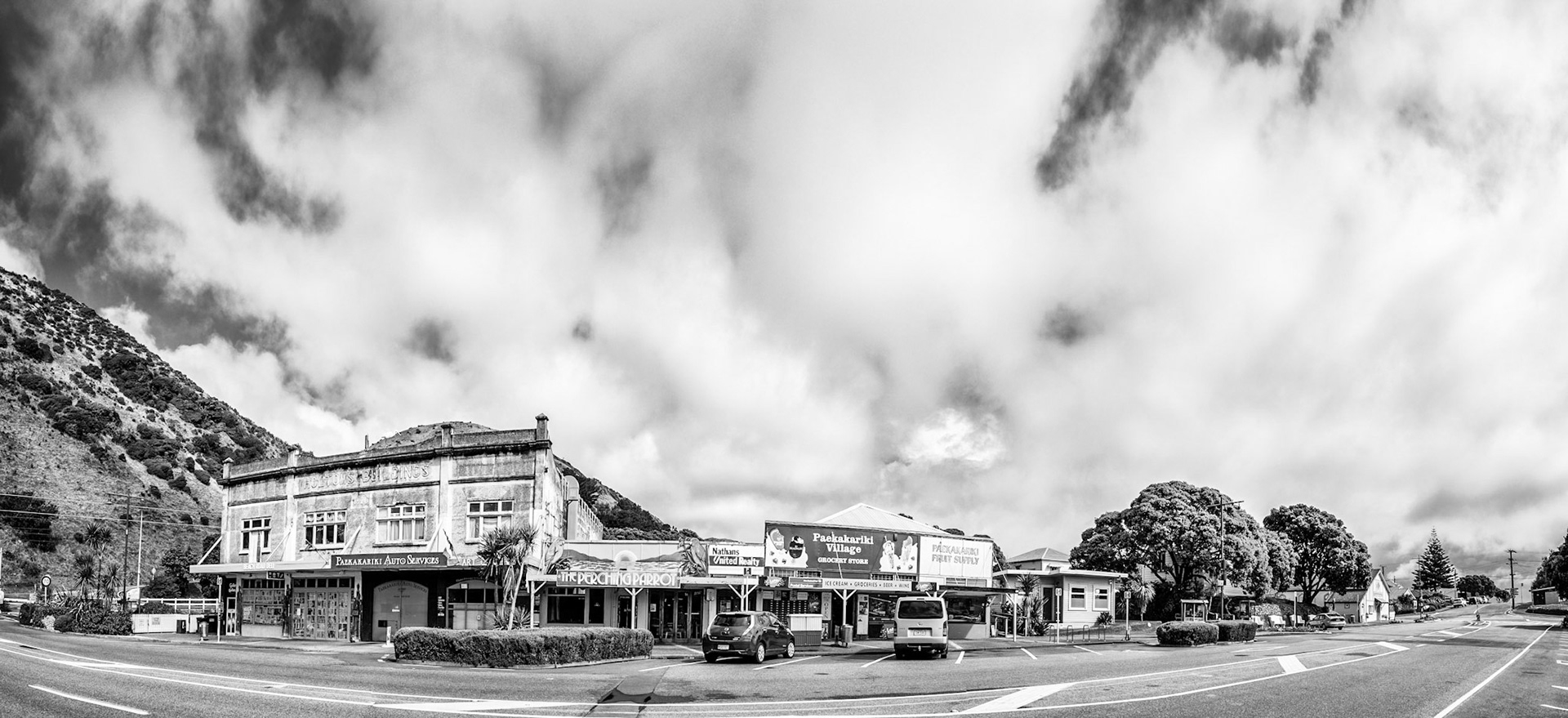 #8: The centre of my universe: Normally a bustling hubbub of coffee drinkers, hikers recovering after walking the escarpment track, and locals chatting after buying icecream from the dairy. 29 March 2020: clouds dissipating after the southerly storm - deserted as people heed the call to stay at home.