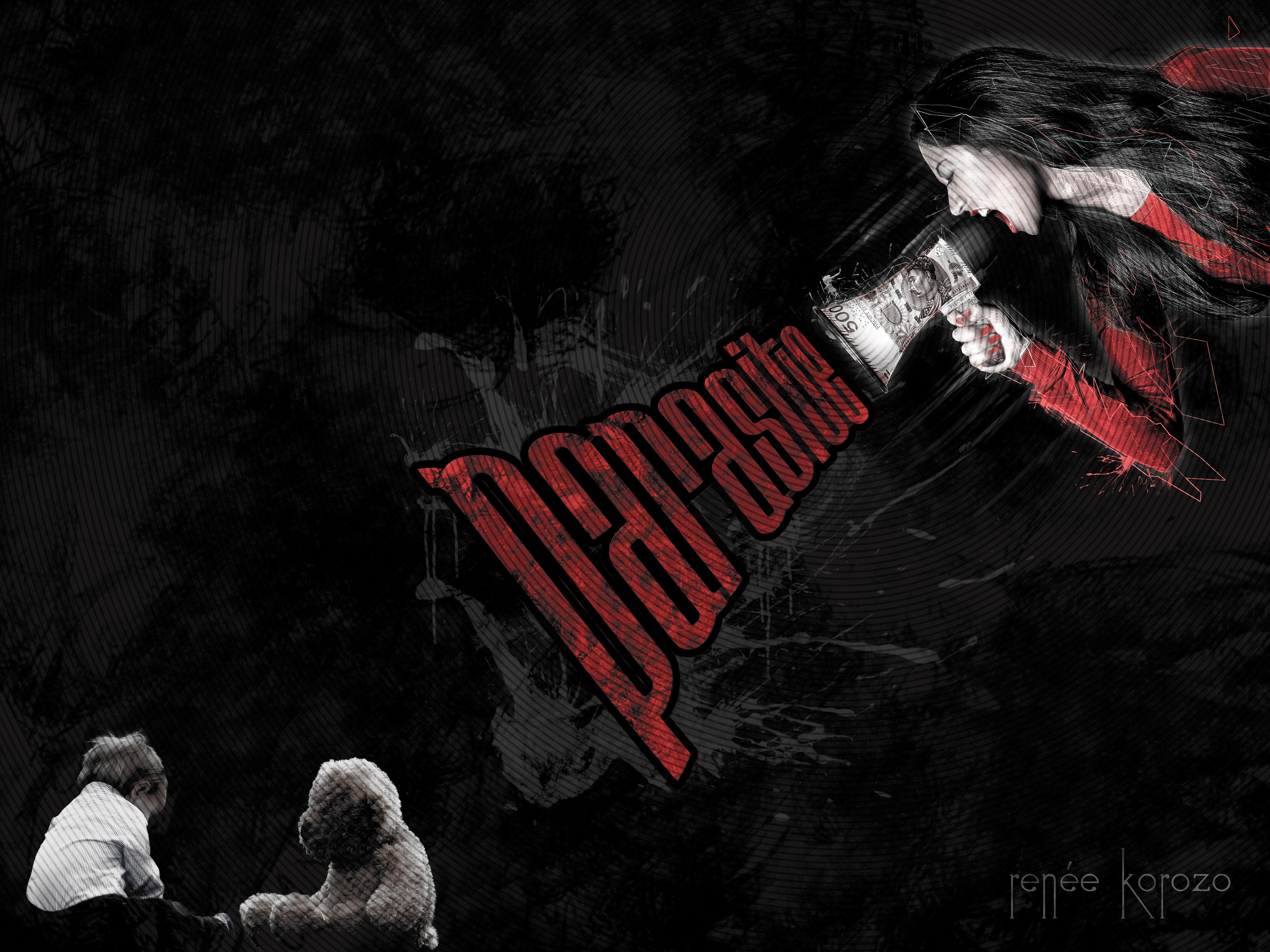 lilith, screaming, woman, red, megaphone, shouting, parasite, child, toddler, bear, teddy bear, poster, violence, Renee Korozo, Beata Korozo, retouch, retouching, art retouch, retoucher, digital art, photomanipulation, photo composite, conceptual art
