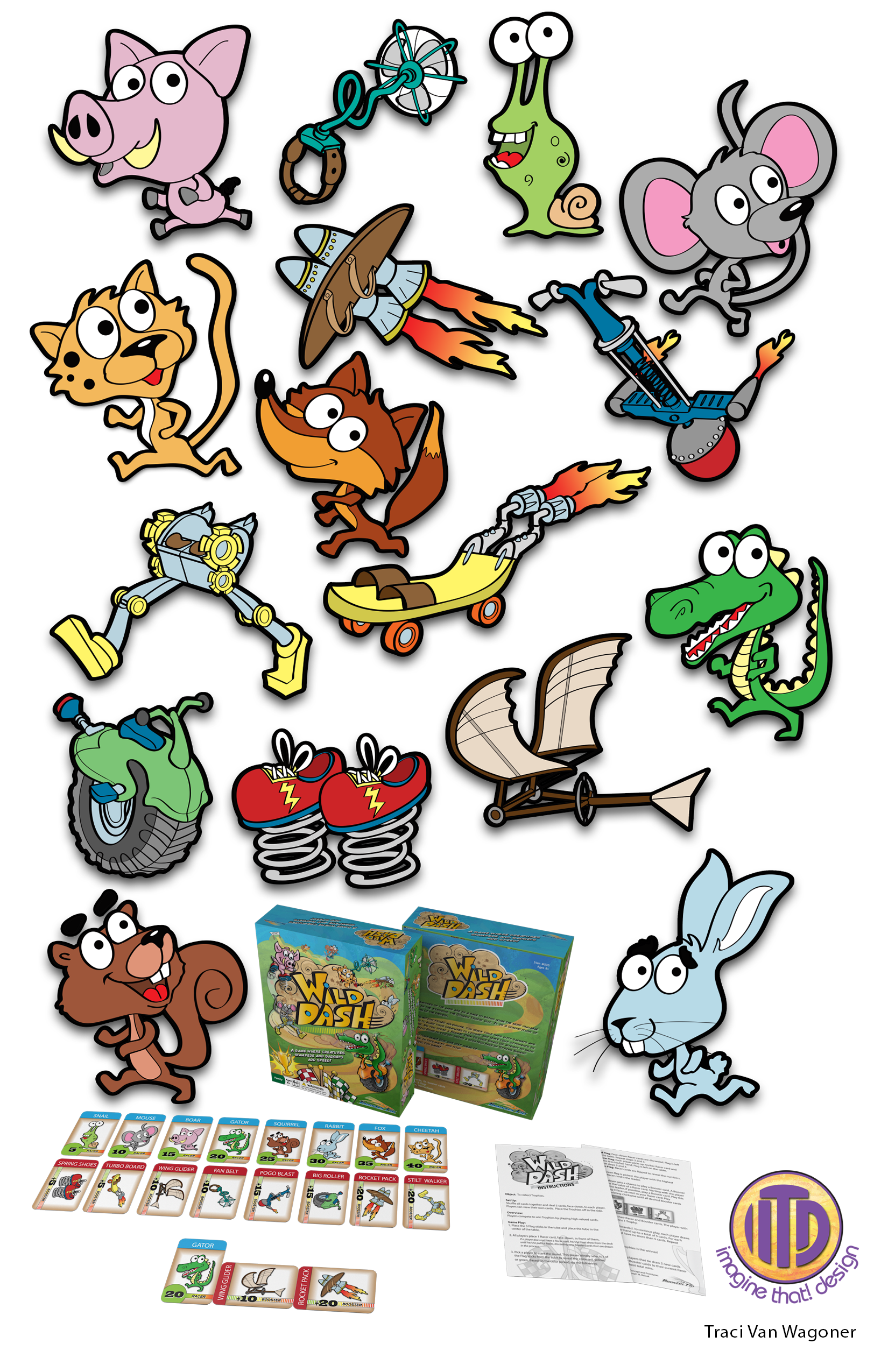 Cute and wacky game characters and illustration for the game Wild Dash designed and illustrated by Imagine That! Design for Roosterfin Games