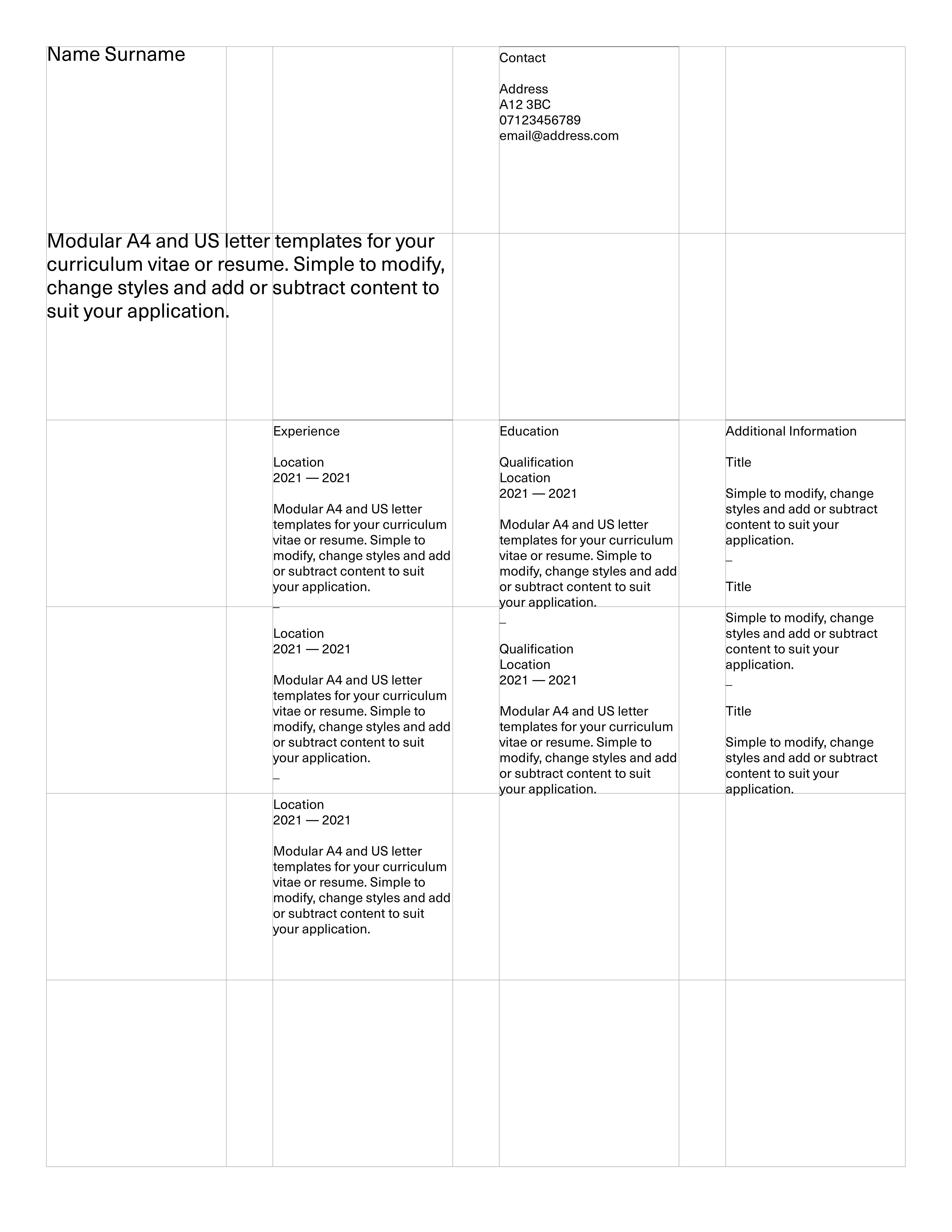 Resume Sample Grid – US Letter Format