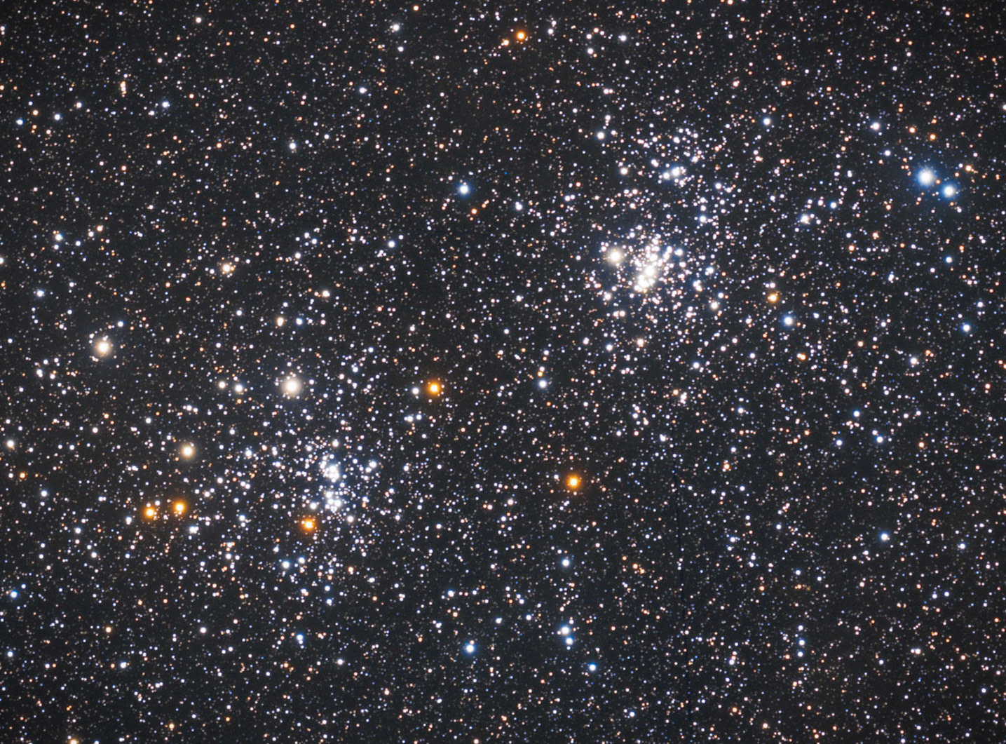 The Double ClusterThis pair of open clusters in the constellation Perseus is visible to the unaided eye under dark skies, but makes for a stunning view in a pair of binoculars or small telescope. It's in the NE right now after nightfall (between Perseus and Cassiopeia).Finally worked out the last of the electrical and hardware bugs and have the observatory ("Siskiyou Skies") up and running again. This image was made using twenty one 20 minute exposures (7 hours total) through my 530mm f/5 scope.