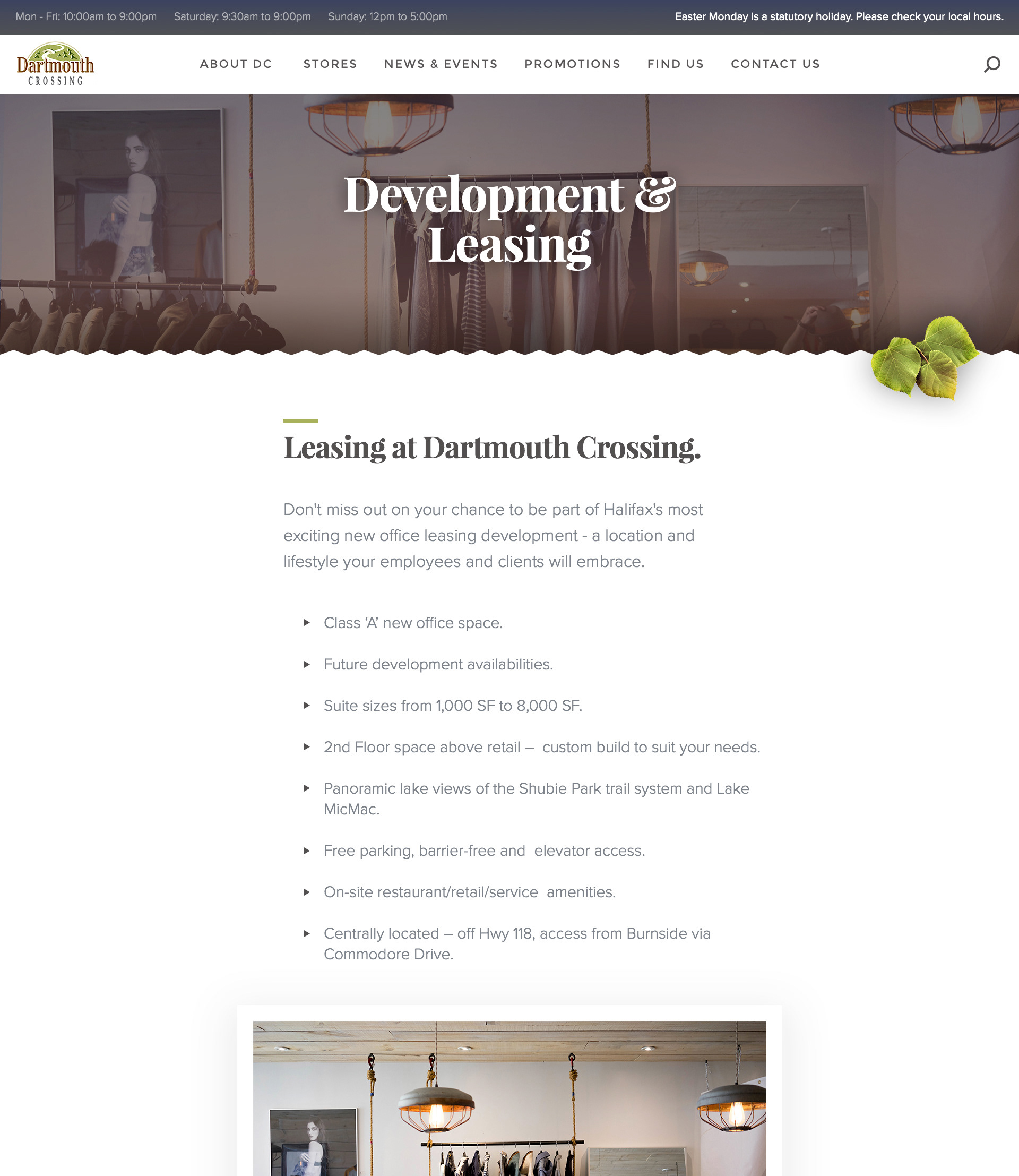 Dartmouth Crossing website redesign subpage template.