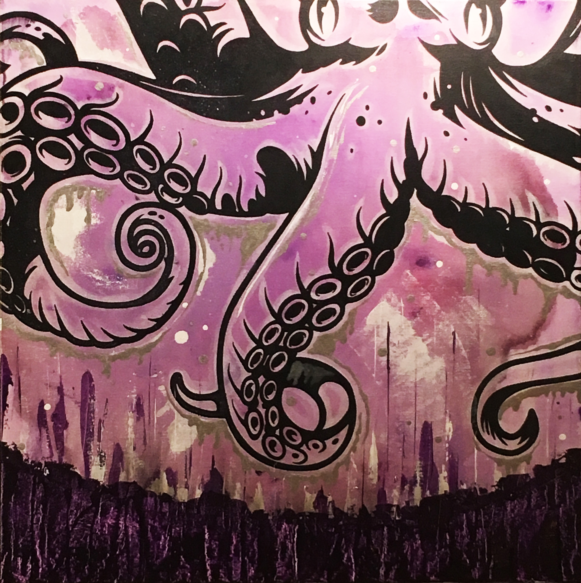 Aquaphobia / acrylic, fumage and ink on canvas, 24"x24"