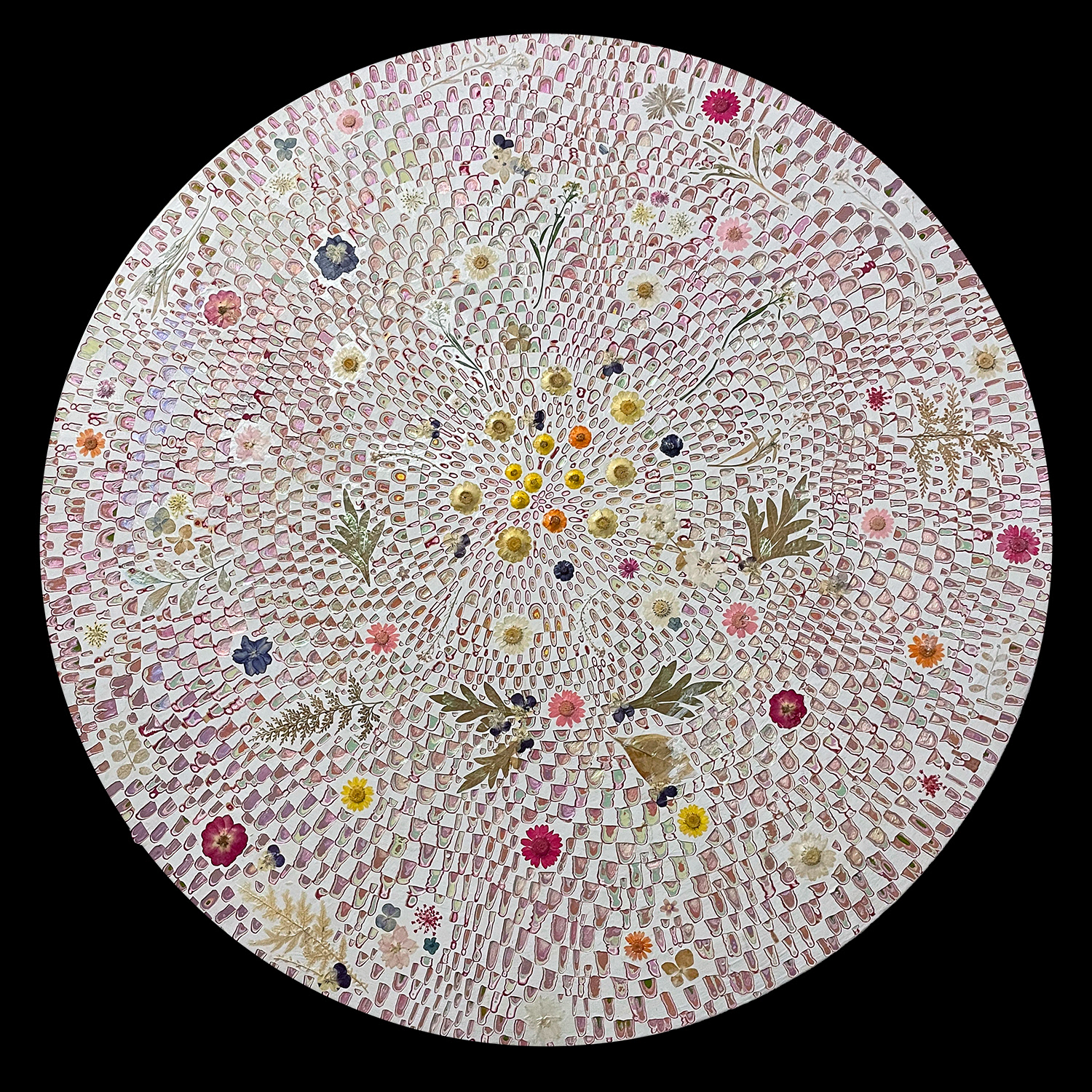 August, 2021, 36in diameter, Mixed Medium and dried flowers on wood