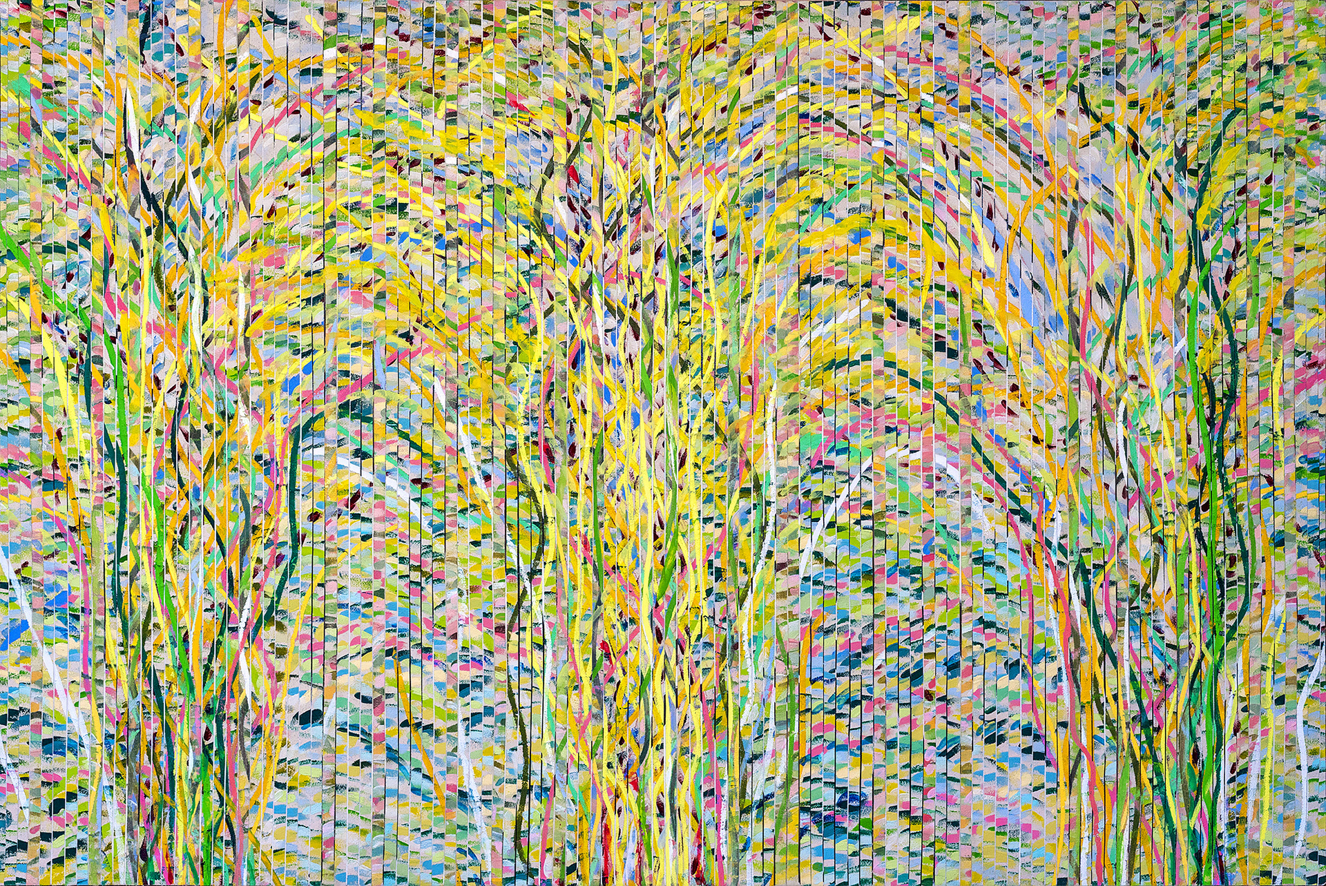 OUT OF THE WOOD oil on canvas stripes over canvas, 40 by 60 inches (102x152cm), 2020, HERMANN LEDERLE