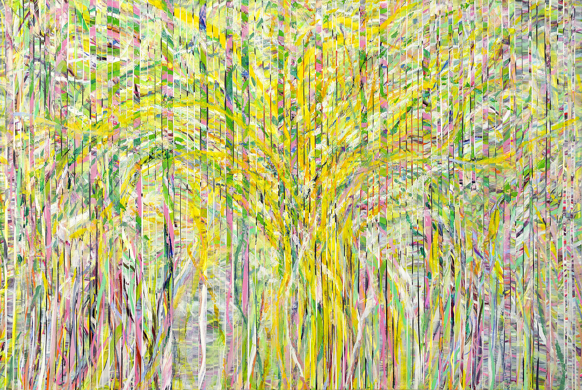 OUT OF THE WOOD oil/acrylic on canvas stripes over canvas, 40 by 60 inches, 2020,HERMANN LEDERLE