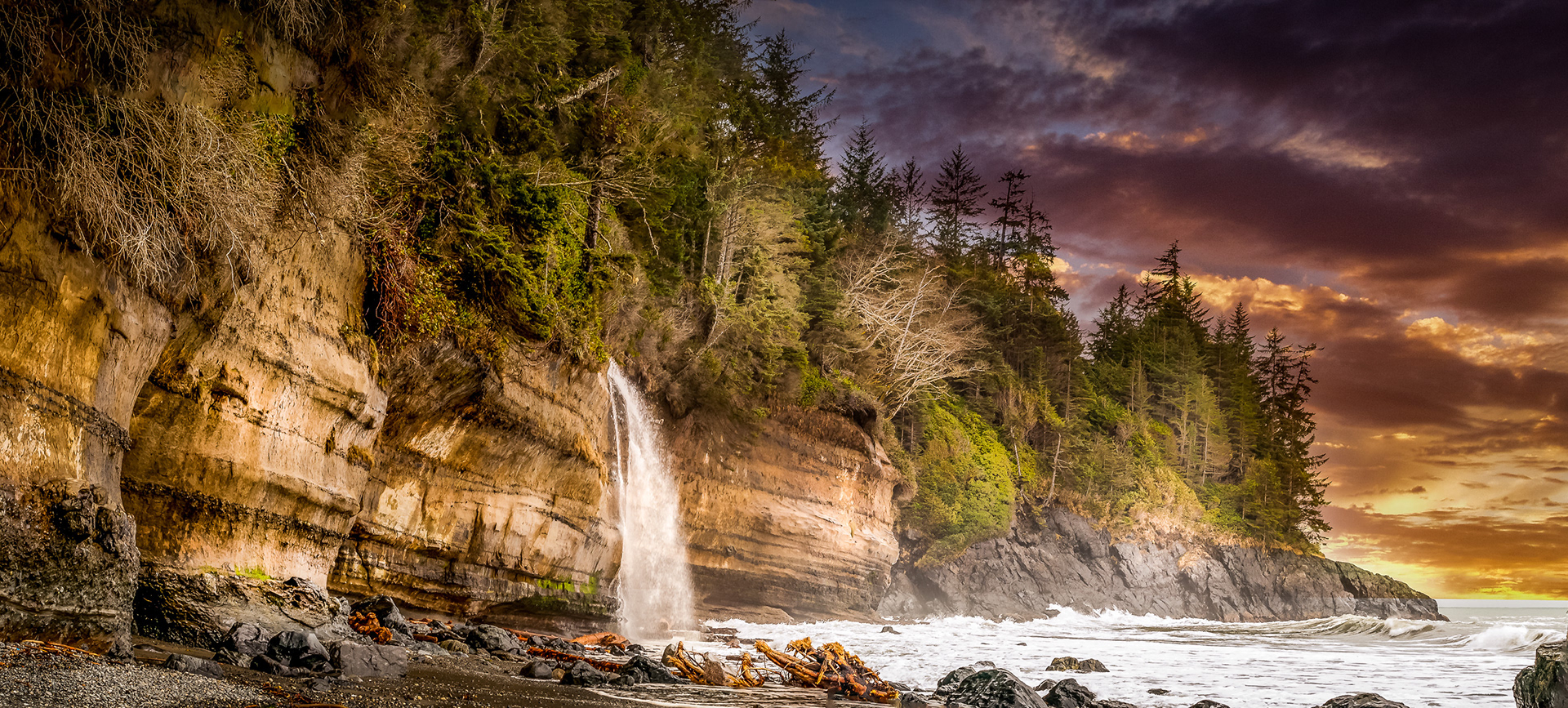 Waterfall on Mystic Beach