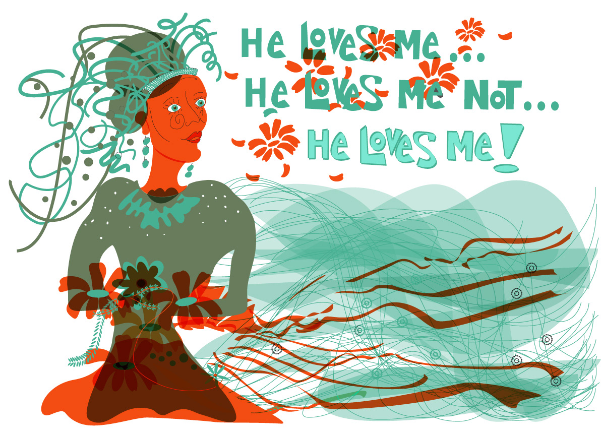 Bride with bouquet of daisies and petals floating as she thinks, he loves me - he loves me not - he loves me