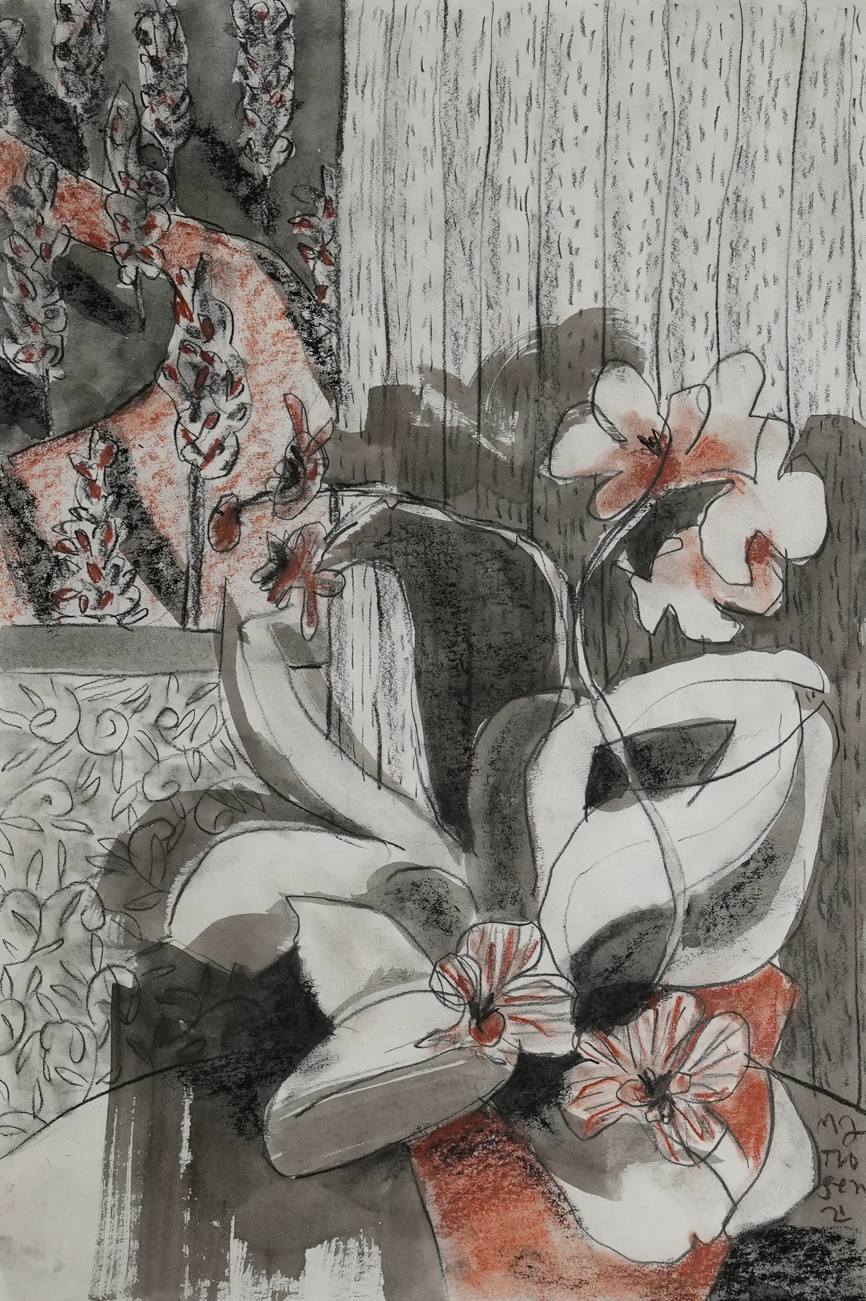 124 / Orchid with a View, 12 x 18, charcoal and Sumi ink wash. $325