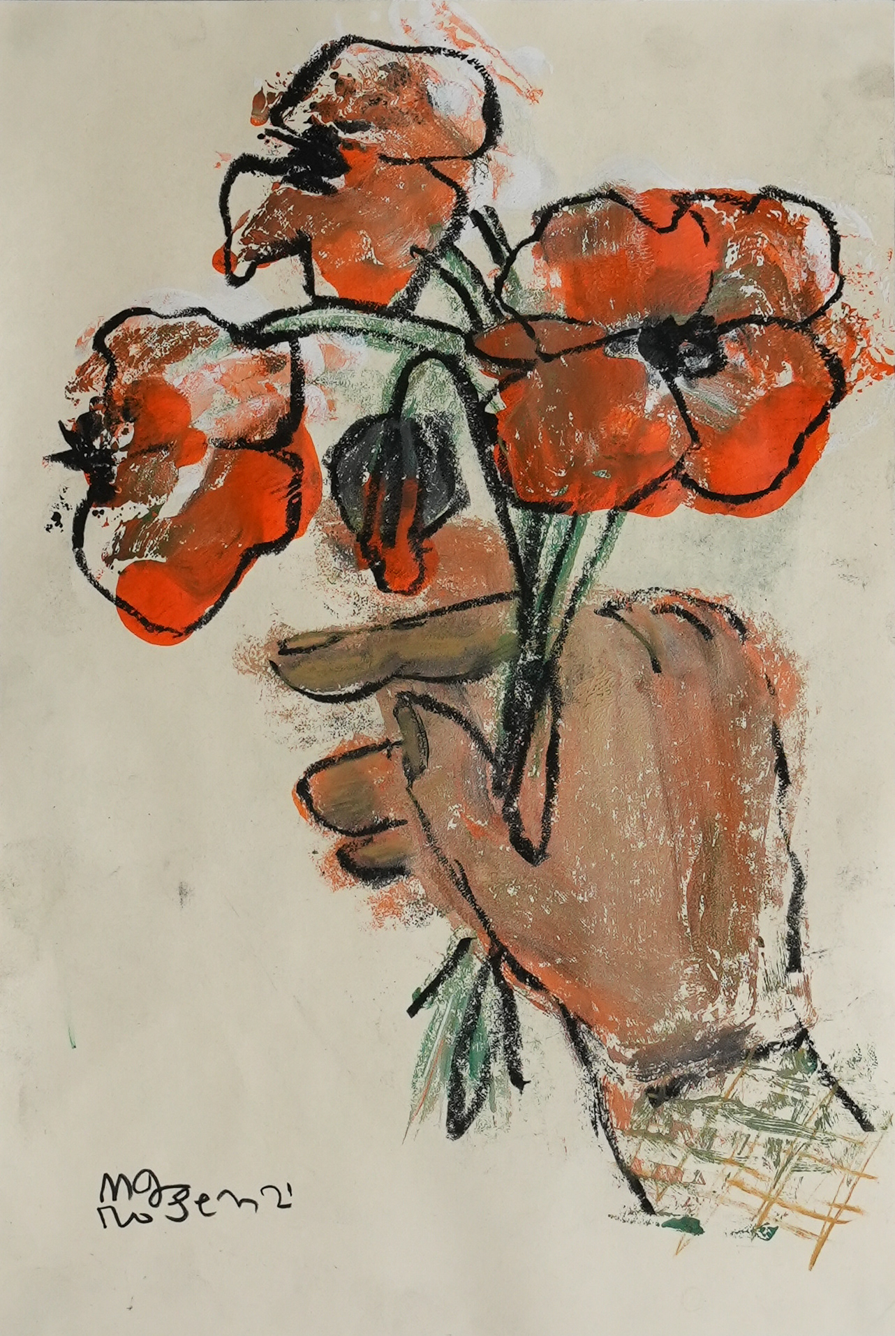 83 / Hand with Four Poppies, 8.5 x 11, $250