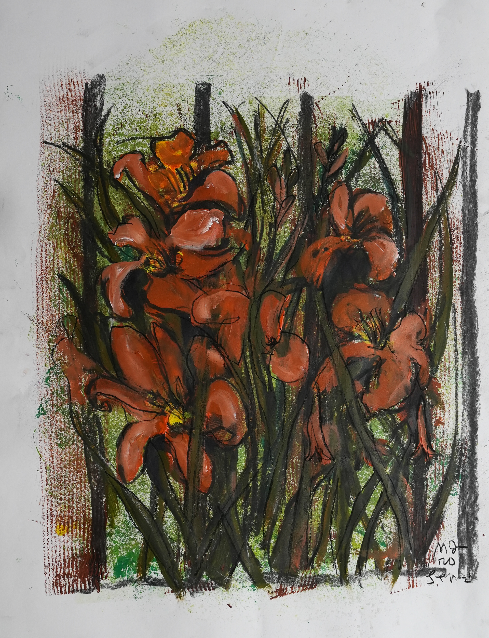 143/ Orange Daylilies Beside a Fence, 18 x 24, acrylic on paper, $475