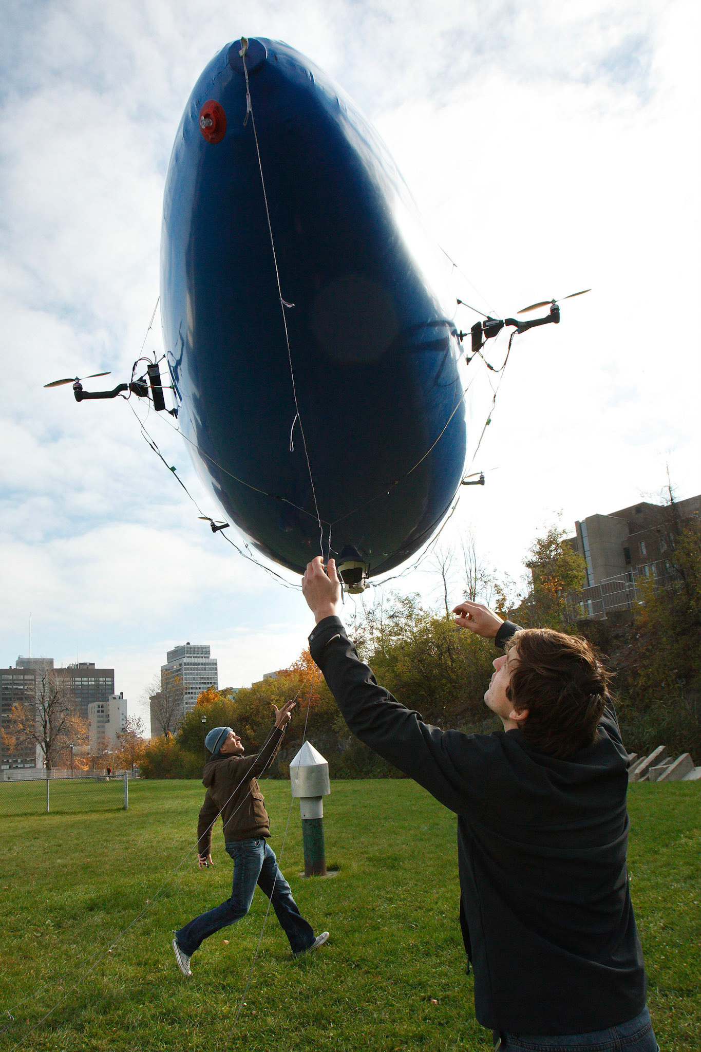 Mechanical engineering students test out a design for an airship. October 2009.