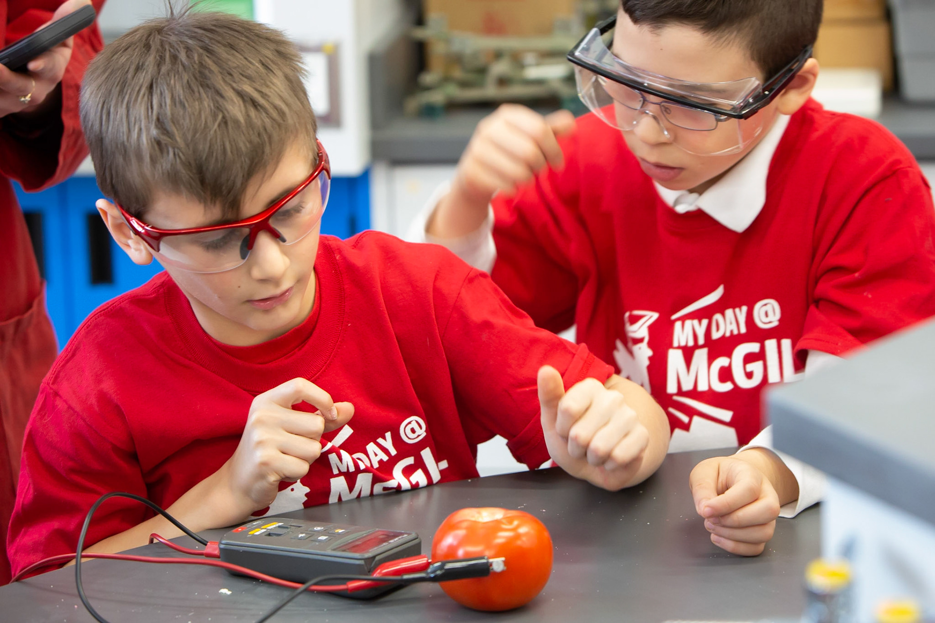 MyDay@McGill students measuring the voltage of tasty vegetables. April 2018.
