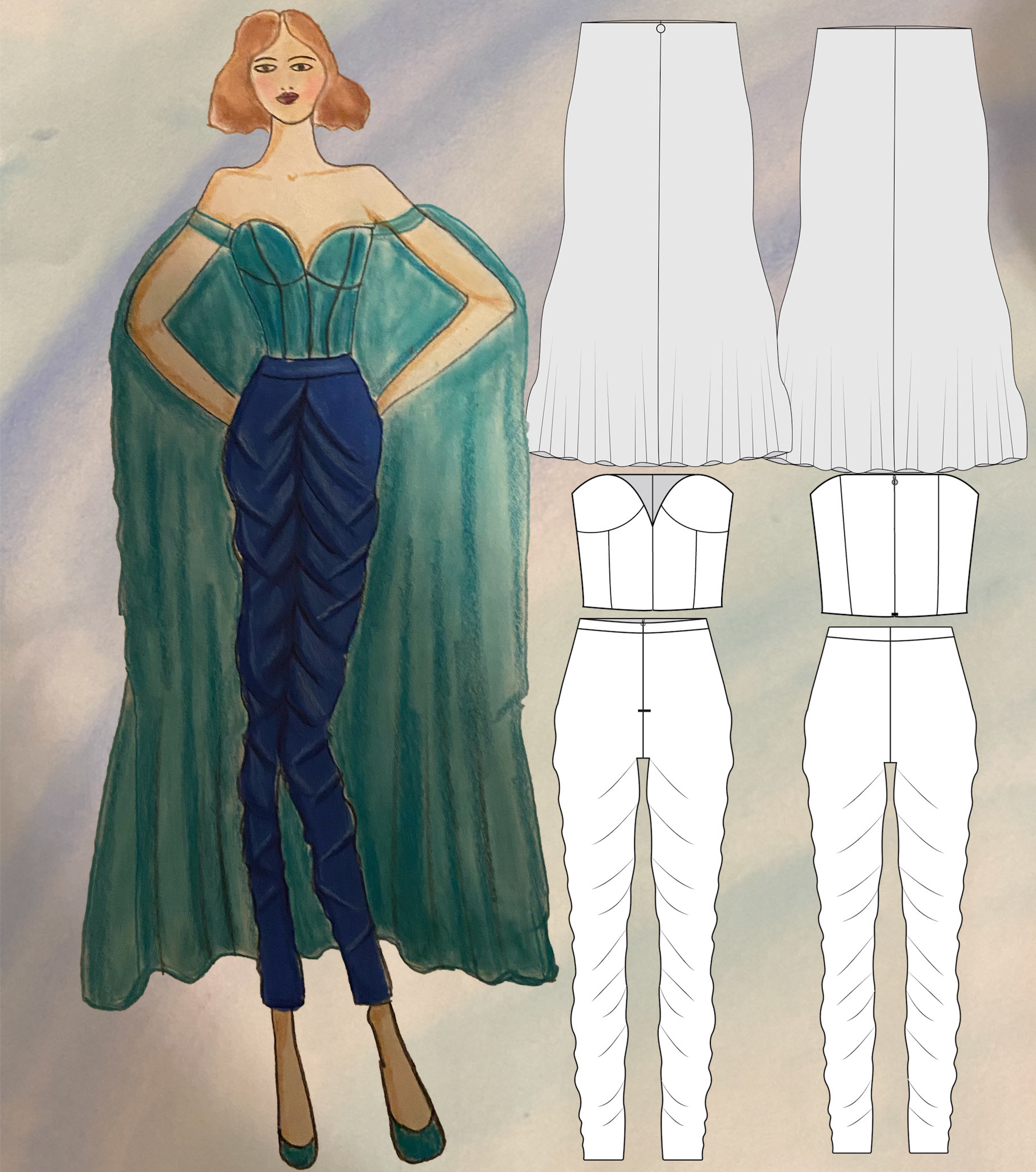 Bustier with cape and draped trousers