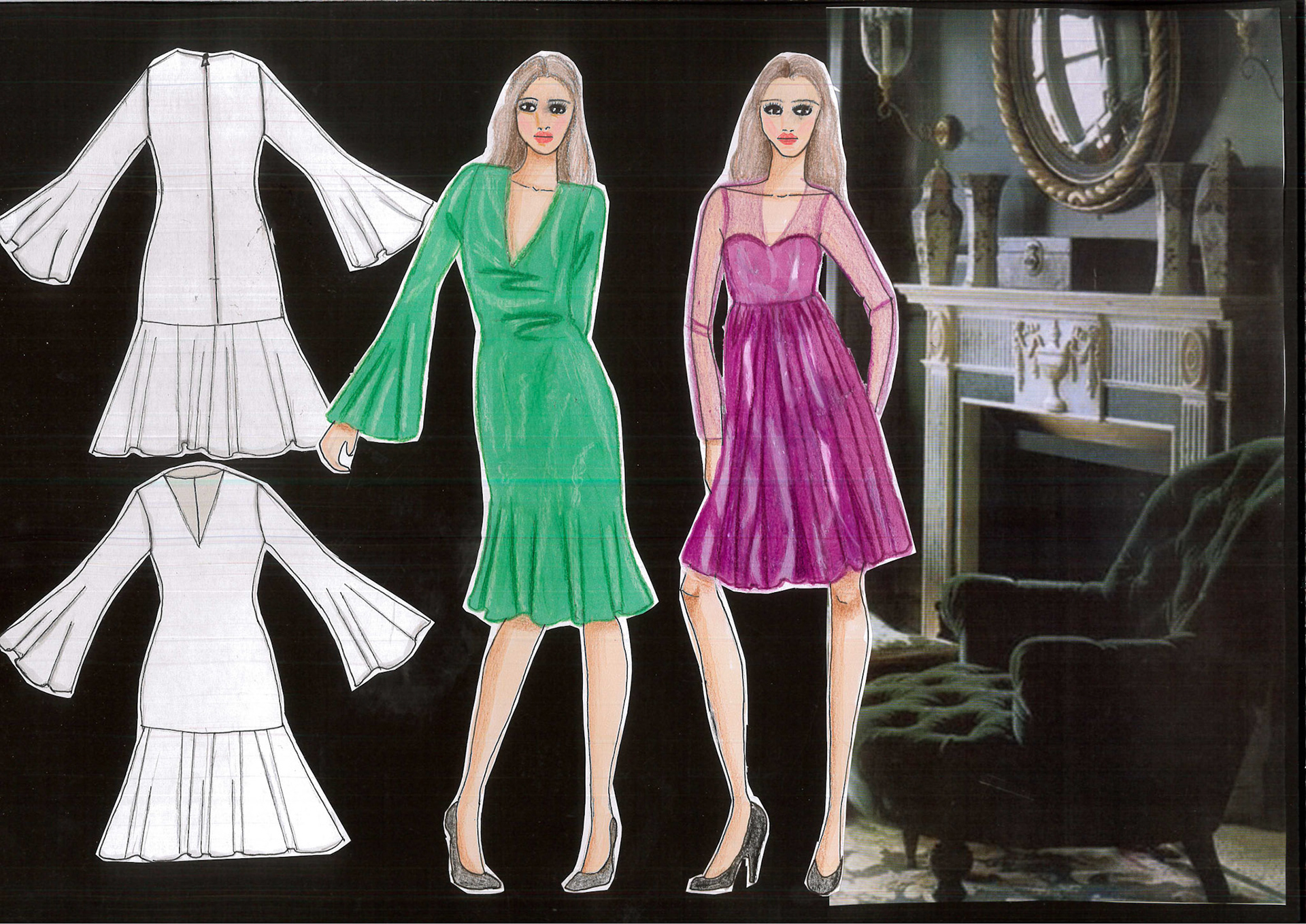 Velour and organza rendering with hand drawn flats