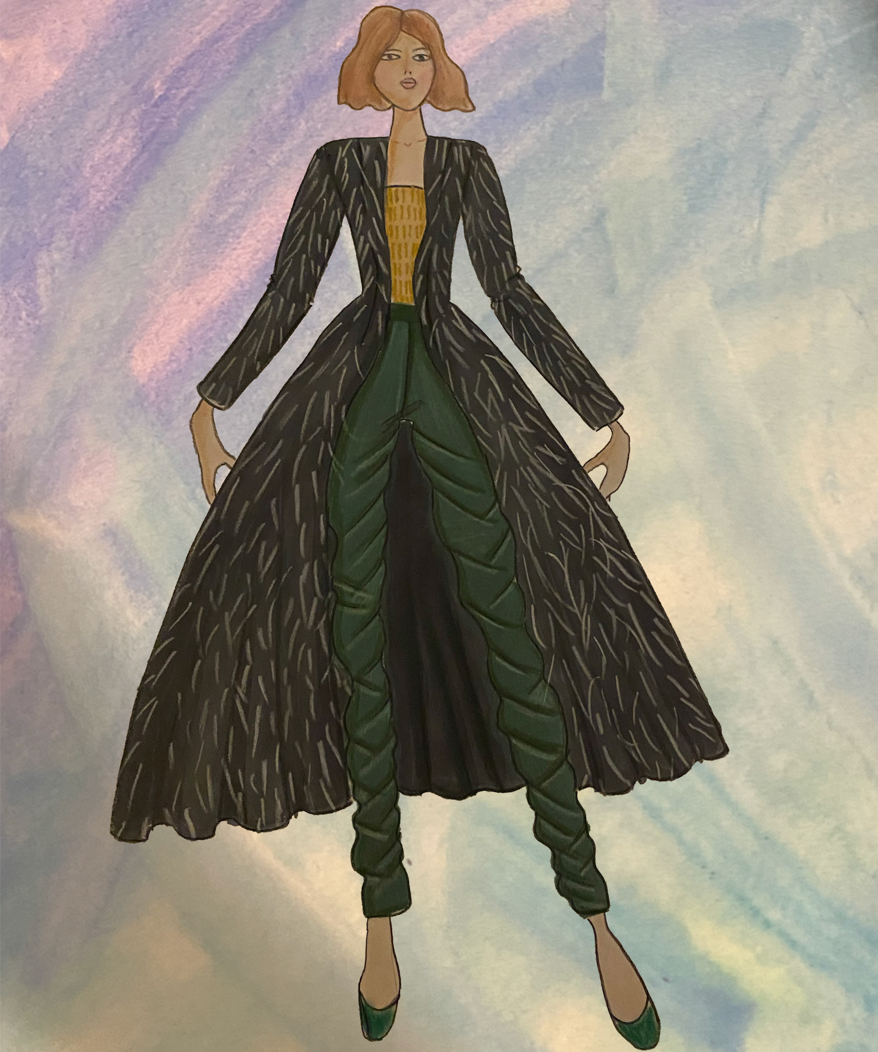 Floor-length coat with strapless bustier and draped trousers