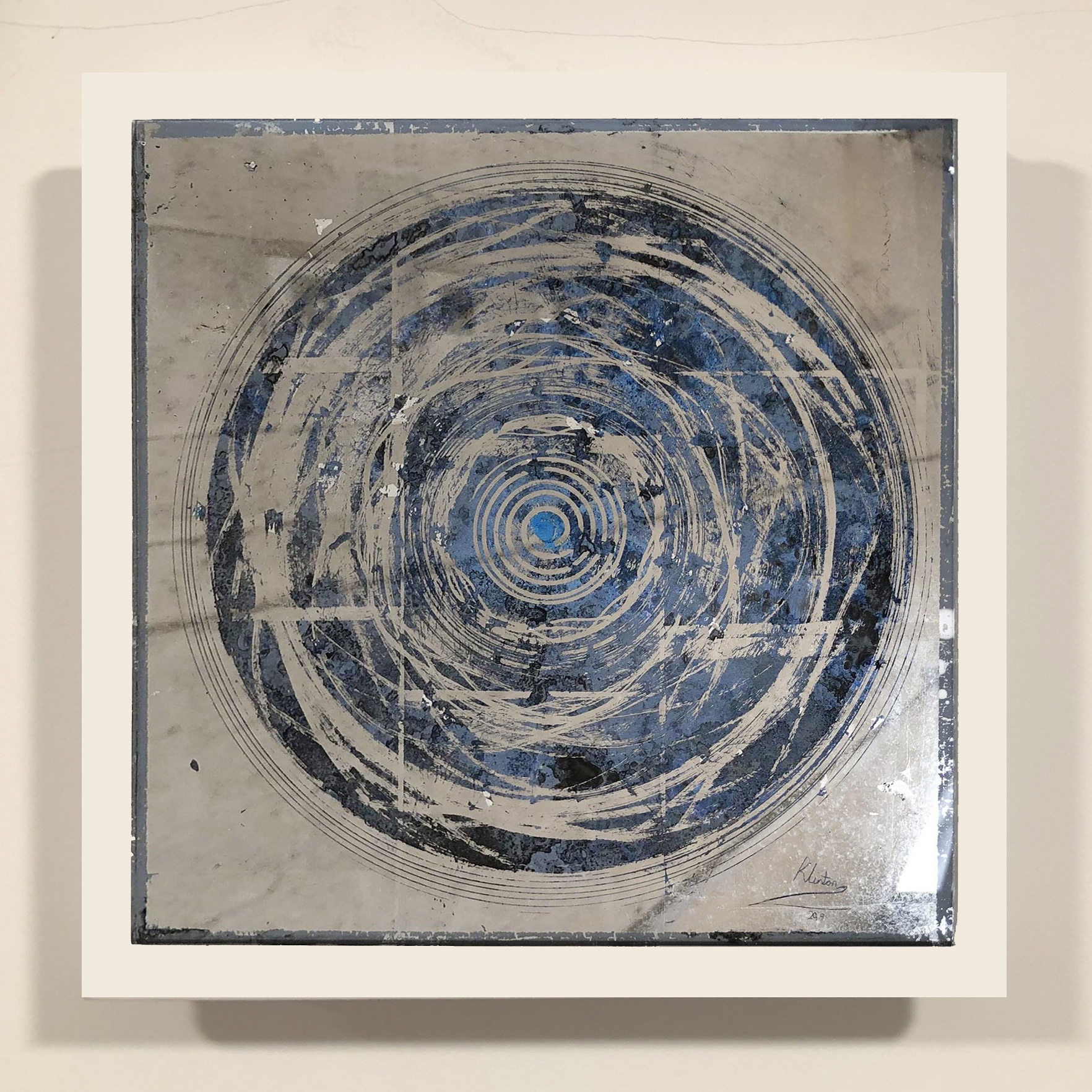 Title: Reflect in the Cosmos Media: Precious platinum leaf verre églomisé and mixed media reverse painted on glass. 24.5 x 24.5cm £320 unframed painting on glass.