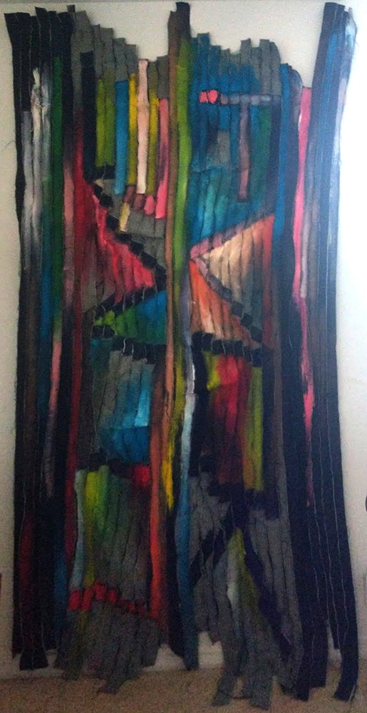 "FUCK/LOVE Tire Tread Tapestry" 2020, oil on sewn denim, 106 x 48 inches
