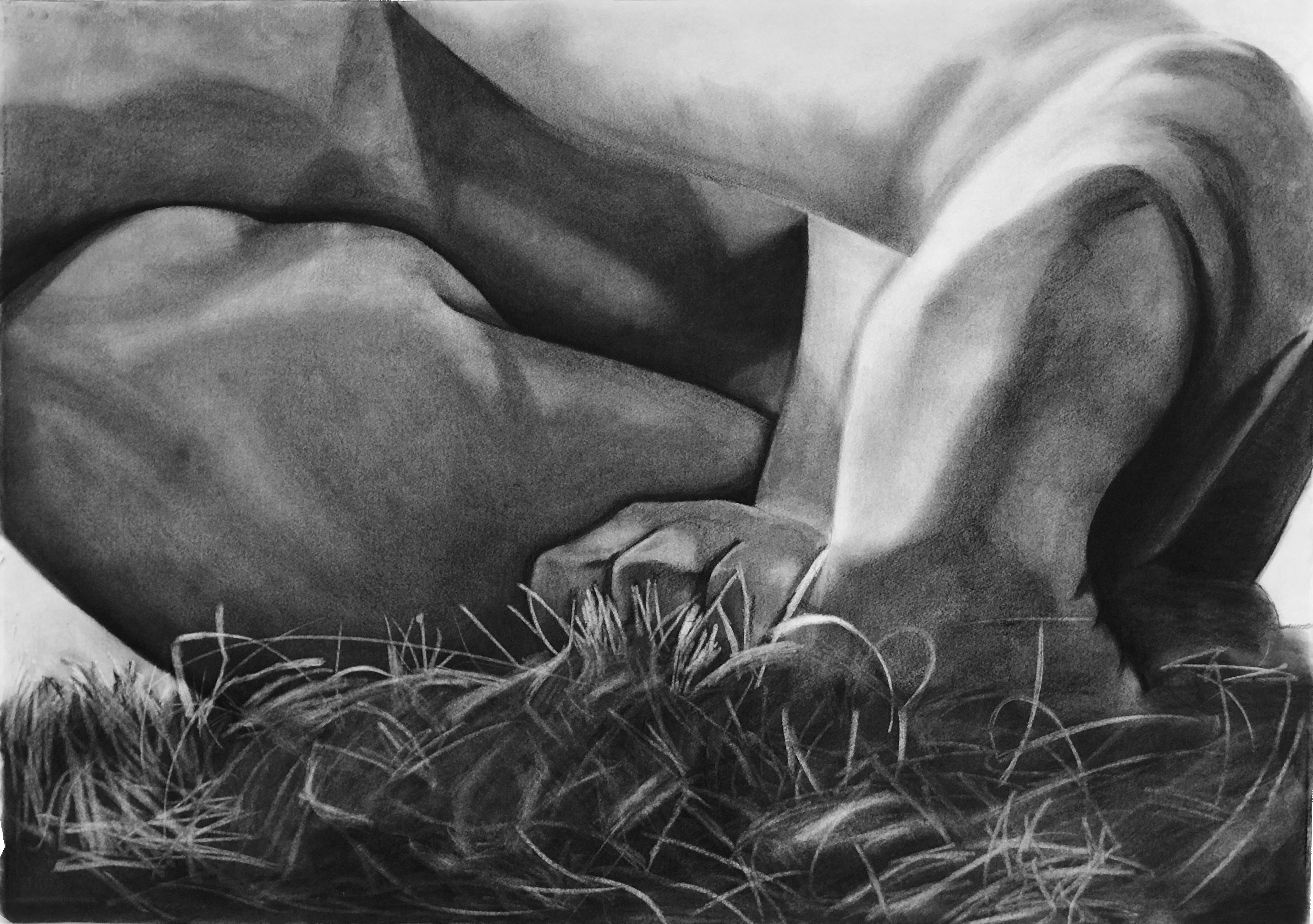 Charcoal drawing of disembodied limbs on drawing paper.