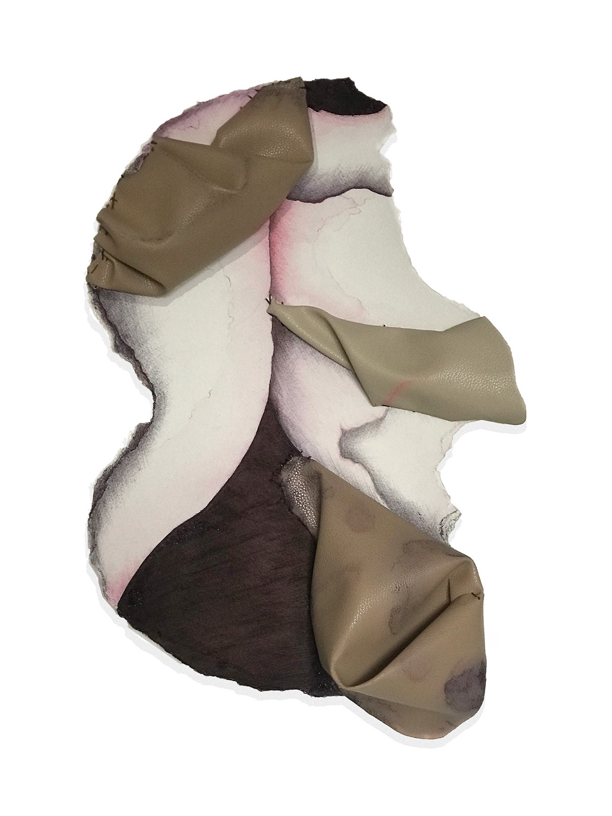 Mixed media drawing with red and black ballpoint pen, ink wash, and leather scraps sewn into Arches rag paper.