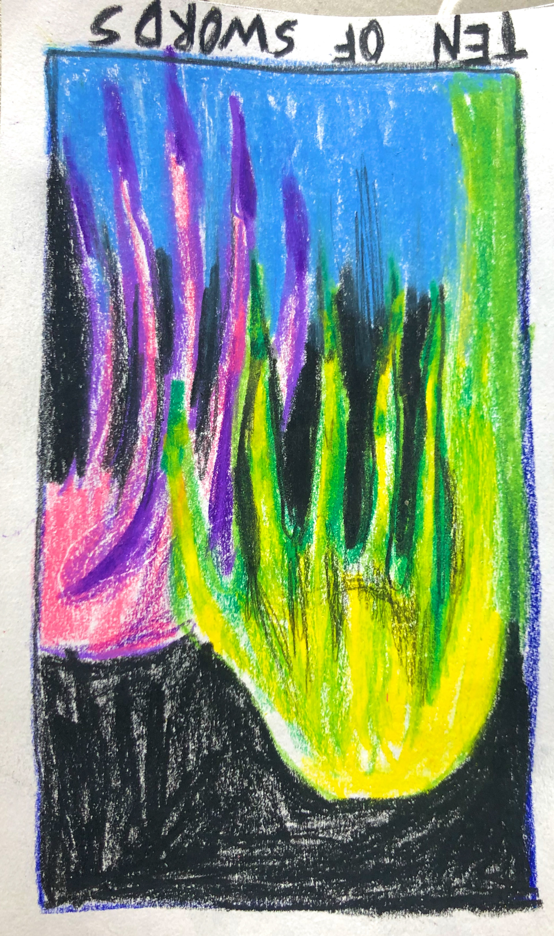 "Ten of Swords (Reversed)", 2020, colored pencil on paper, 5 x 3"