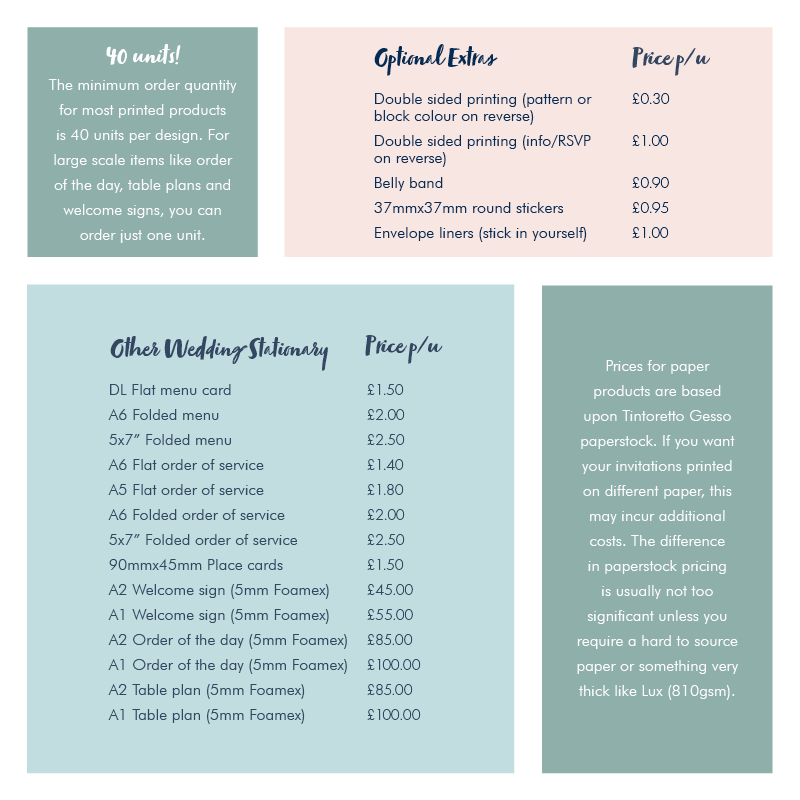 This image is of our pricing table and details the different prices for our different wedding stationery products. If you would like to find out a price for our products and are not able to see the table, please contact us at inkyacorndesigns@gmail.com so that we can send a quotation over.
