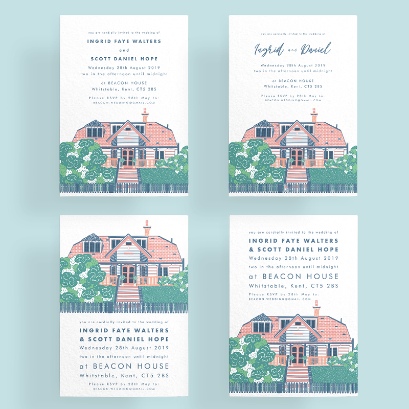 This image shows the four different designs available for Beacon House venue in Whitstable. The drawing of beacon house is in a limited colour palette and in the relief print style often used by Inky Acorn Designs. The four different designs feature different font and layout combinations.