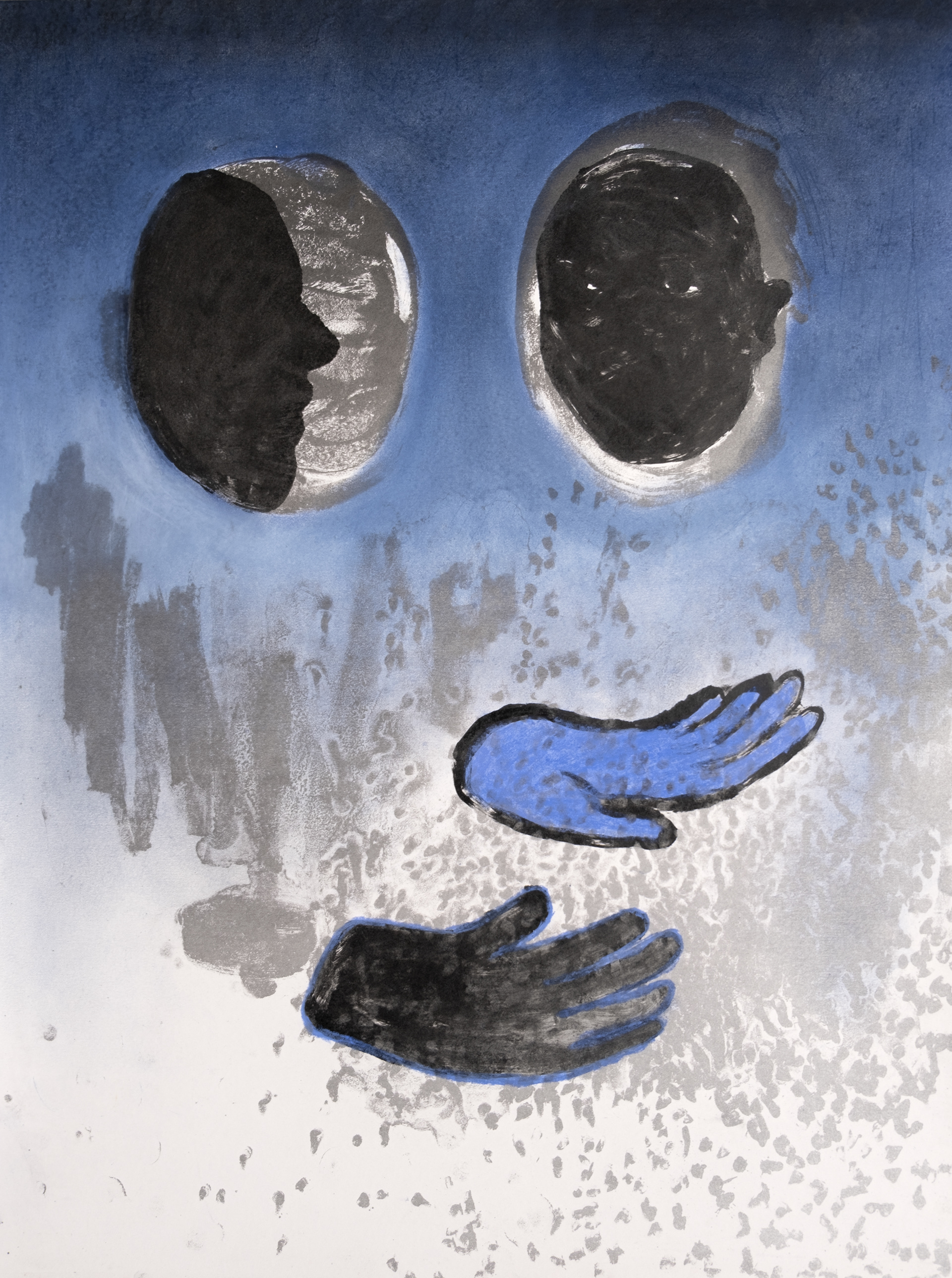 Regarde on flotte I (2021), Ink, dry pastel and lithograph on paper, 50 x 40 cm