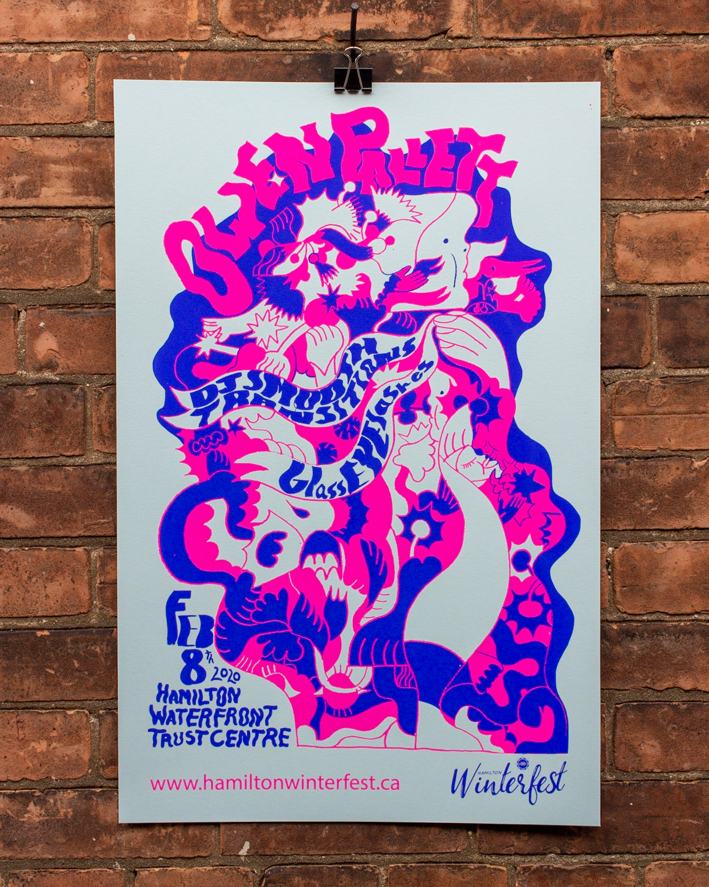 2 colour gig poster. Ultra blue & fluorenscent magenta ink. Size 16x24. "sno-cone" 140lb card by French Paper Co.