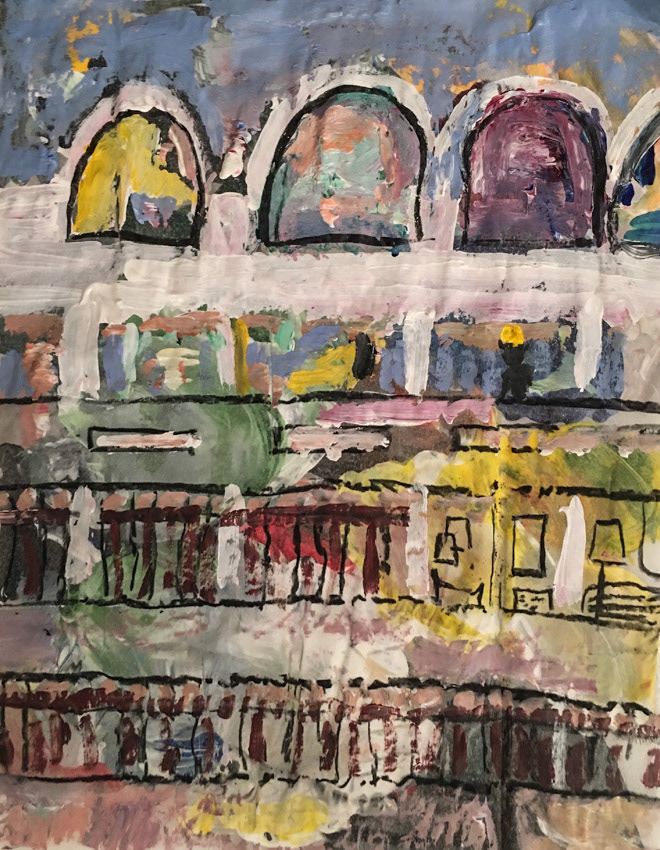 Frobisher Crescent Early Evening (Royal Watercolour Society Contemporary Art Show Prize 2019) Acrylic on recycled, reversed palette paper 32. 4 x 37.2 x 4 (double framed with anti-reflective glass so the reverse is visible)
