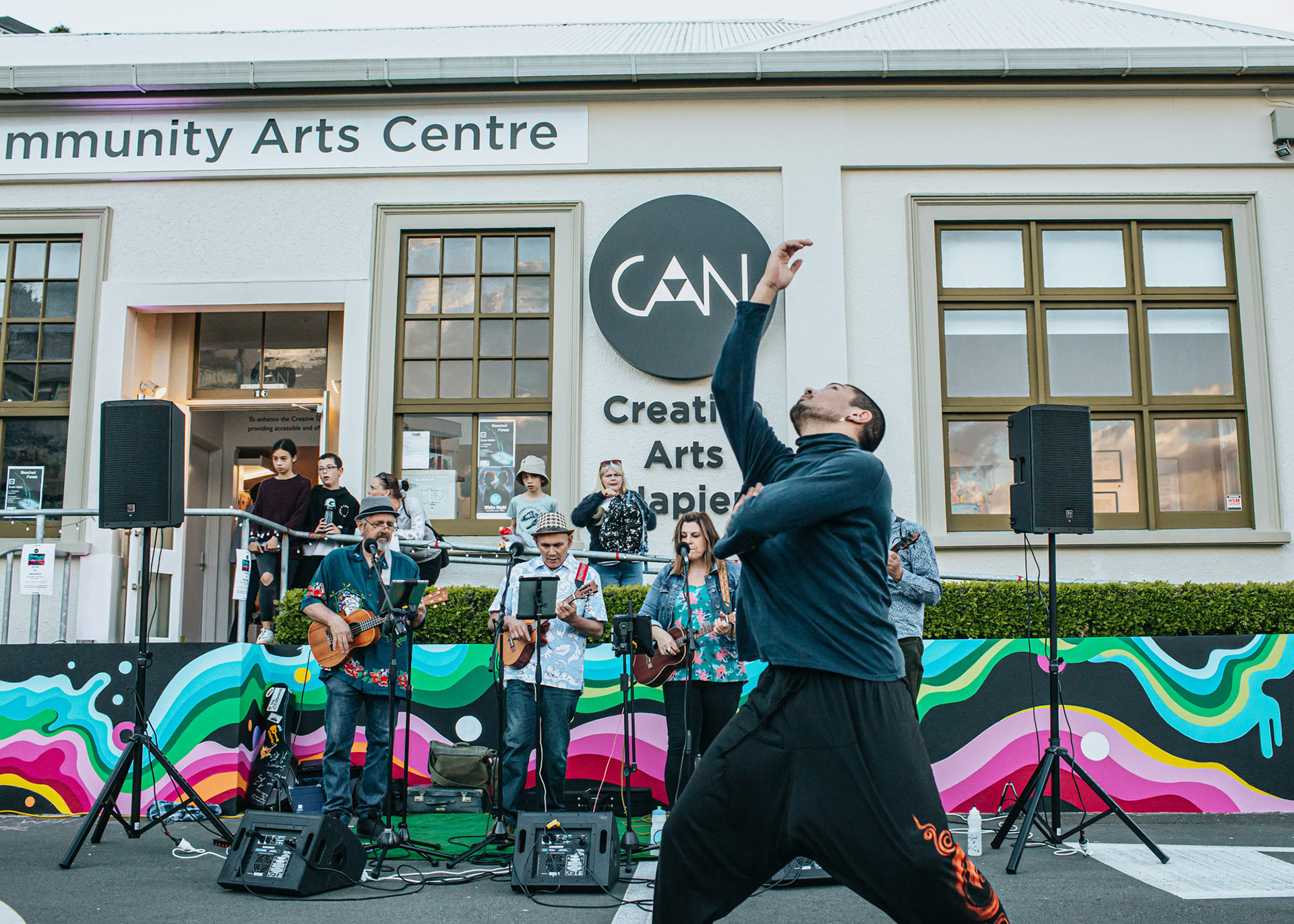 Creative Arts Napier with musicians and dancers out the front to welcome visitors