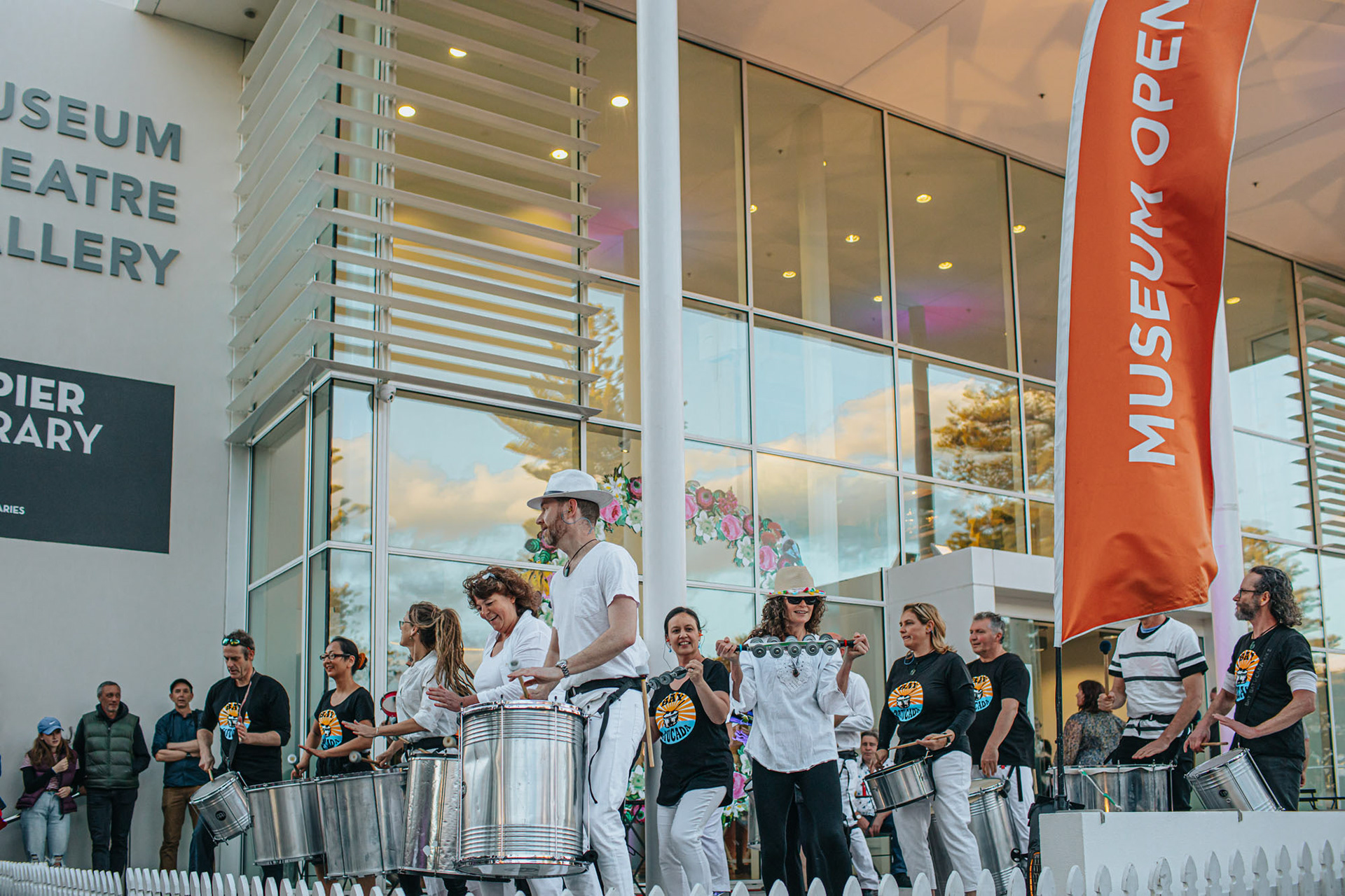The Bay Batucada Brazilian Drumming group perform for the crowds outside MTG Hawke's Bay
