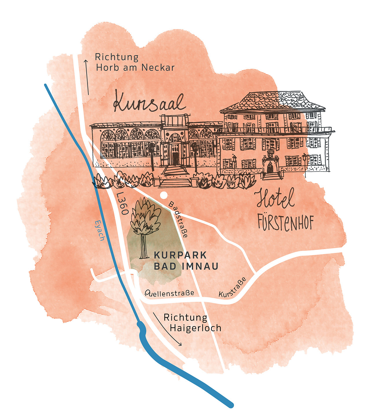 Handgezeichnete illustrierte Karte mit einer Wegbeschreibung zur Location.