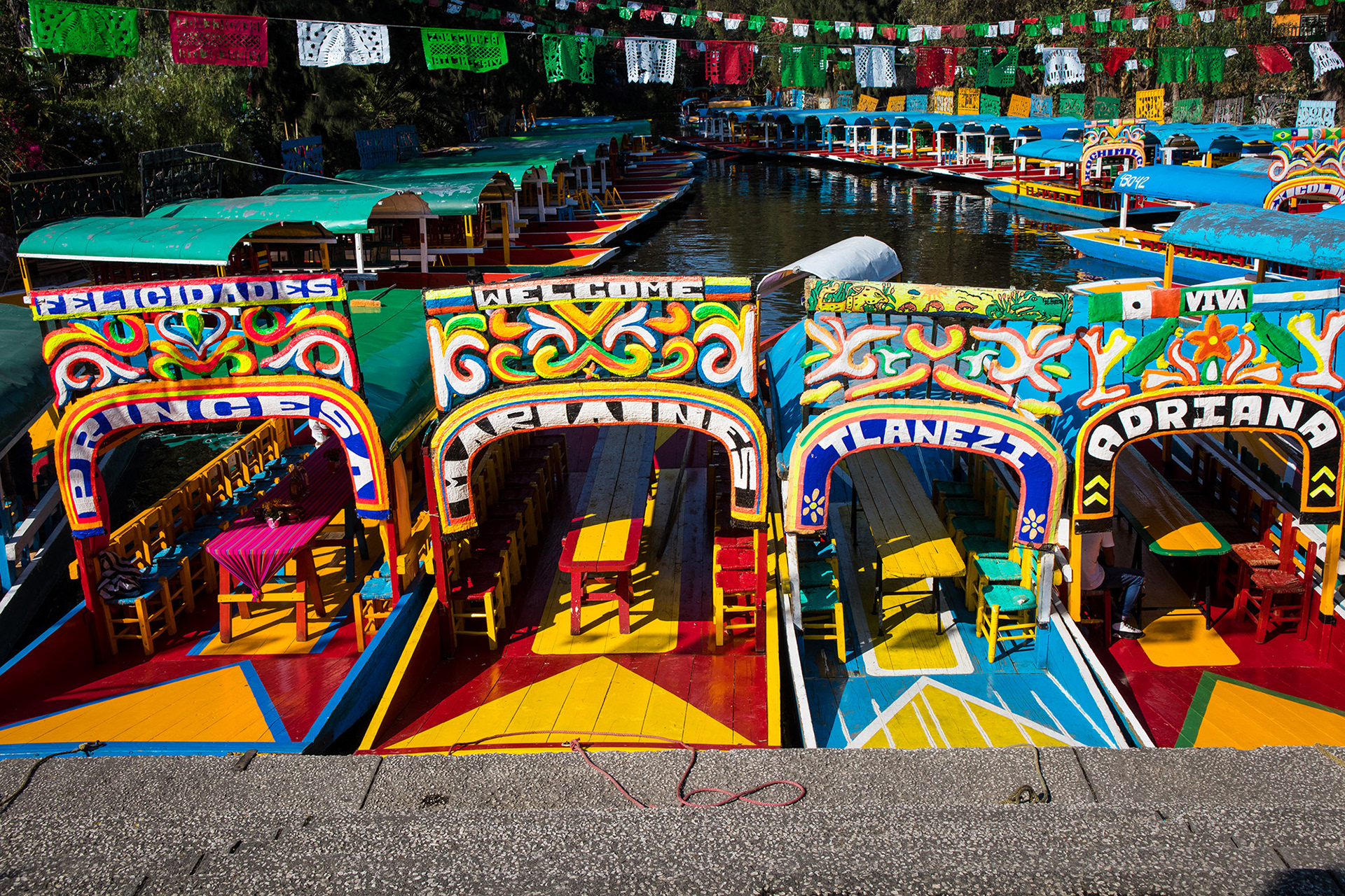 Trajineras on the Canals of Xochimilco, Mexico City, Mexico