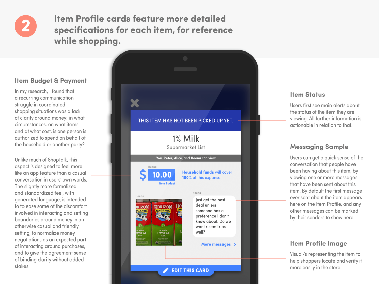 Item Profile cards feature more detailed specifications for each item, for reference while shopping.