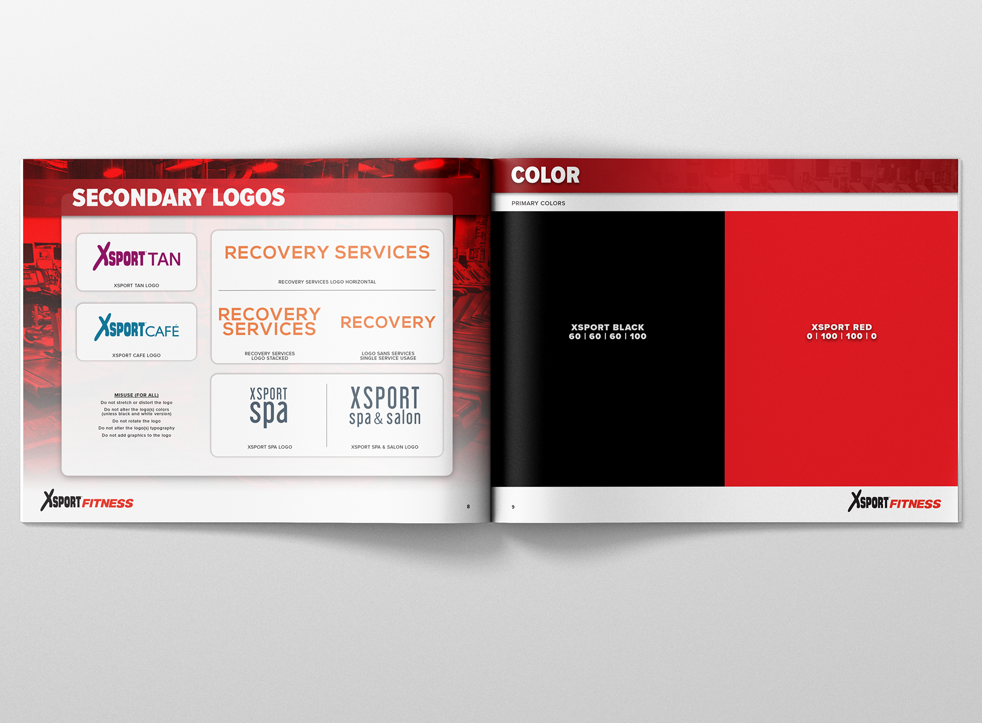L: Secondary Logos: XSport Tan, XSport Cafe, Recovery Services, XSport Spa & XSport Spa & Salon; R: Primary Colors