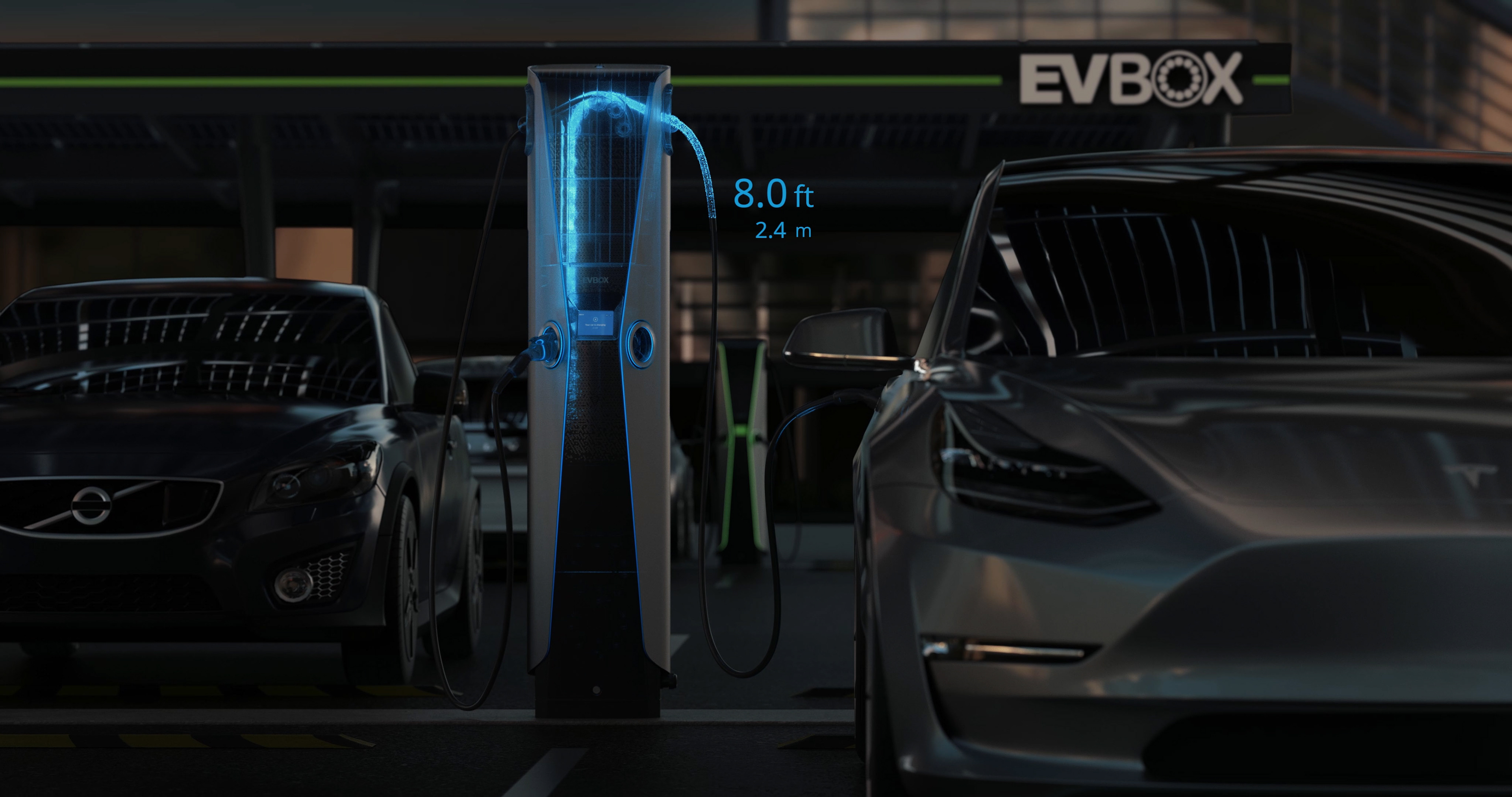 Charging Tesla model 3 with EV box business charger level 2. Solar pannel parking, xparticles, render octane, Nvidia, Parking lot, USA
