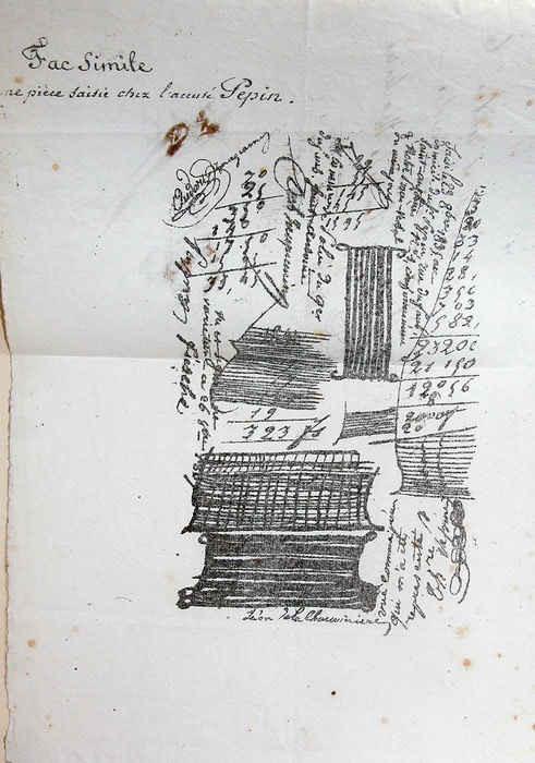 Librairie BERTRAN - Photos d'un carnet d'une centaine de croquis d'audience de la première partie du XIXème, pris à la Cour des pairs - la machine infernale de l'attentat du 28 juillet 1835