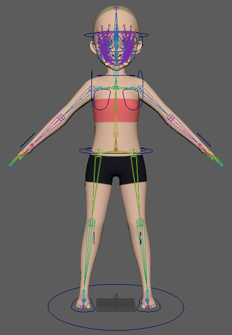 Riley's rig, composed of joints, controllers, and a joint-based facial rig (December 2019)