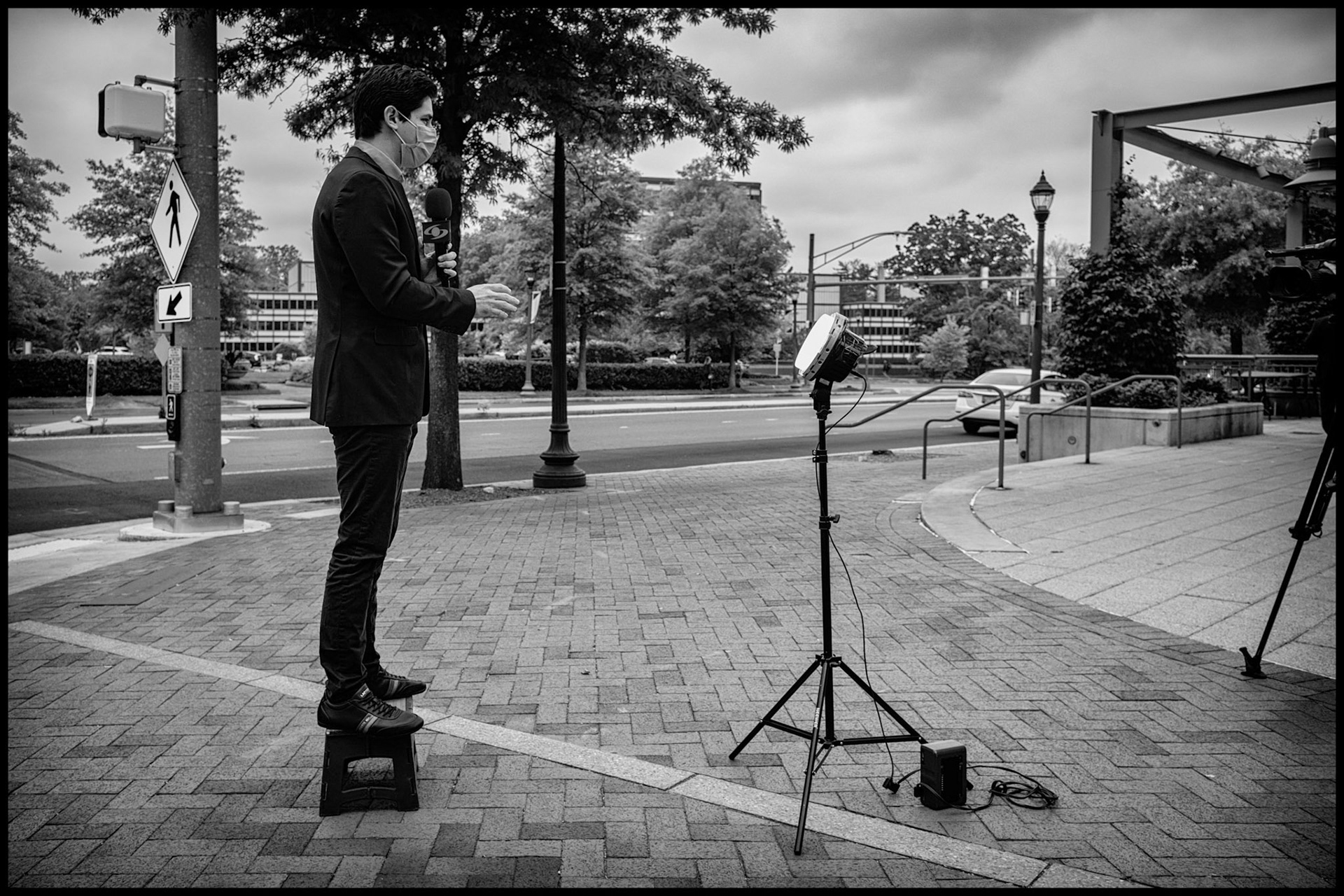 Reporter doing Stand-Up with Face Mask