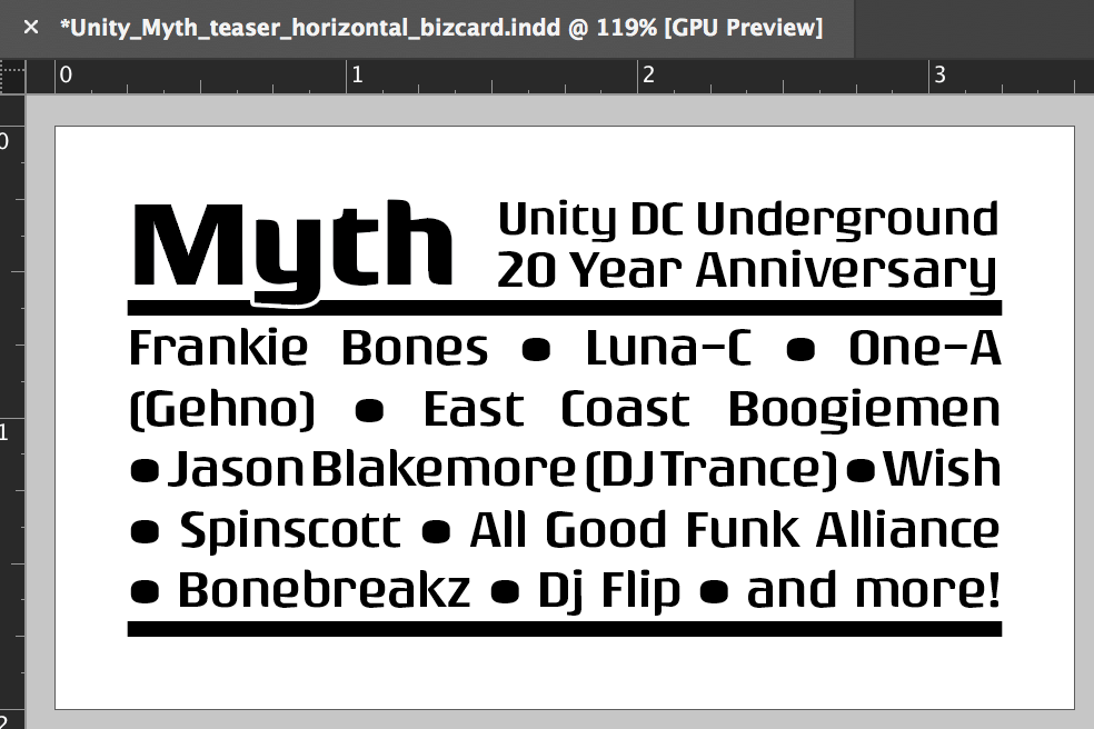 Final Print Design: 3.5" x 2" Event Announcement Handouts - this is the musician lineup side, which was printed in black ink on 65 lb. Astrobright card stock