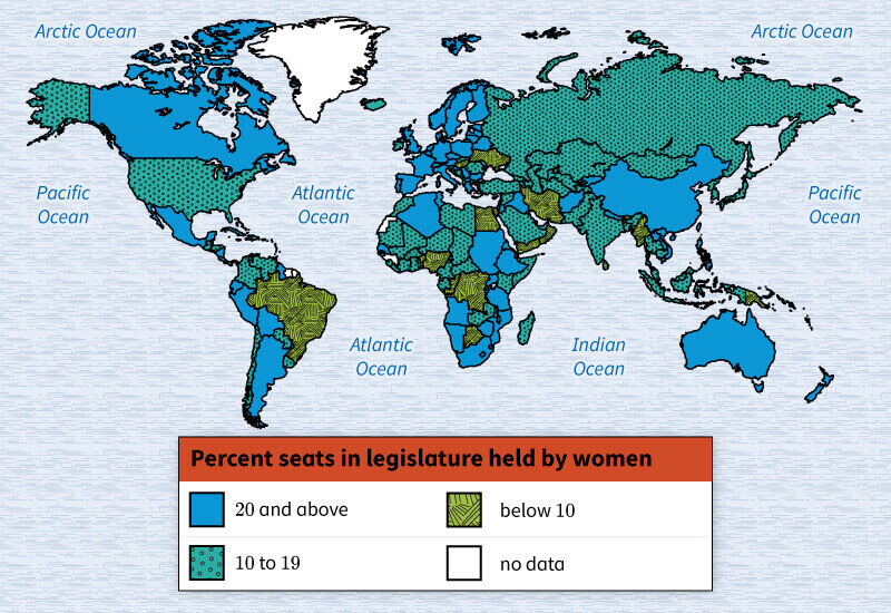 Static Map: World Map Infographic with key illustrating the percent of seats held by women in each country's legislature