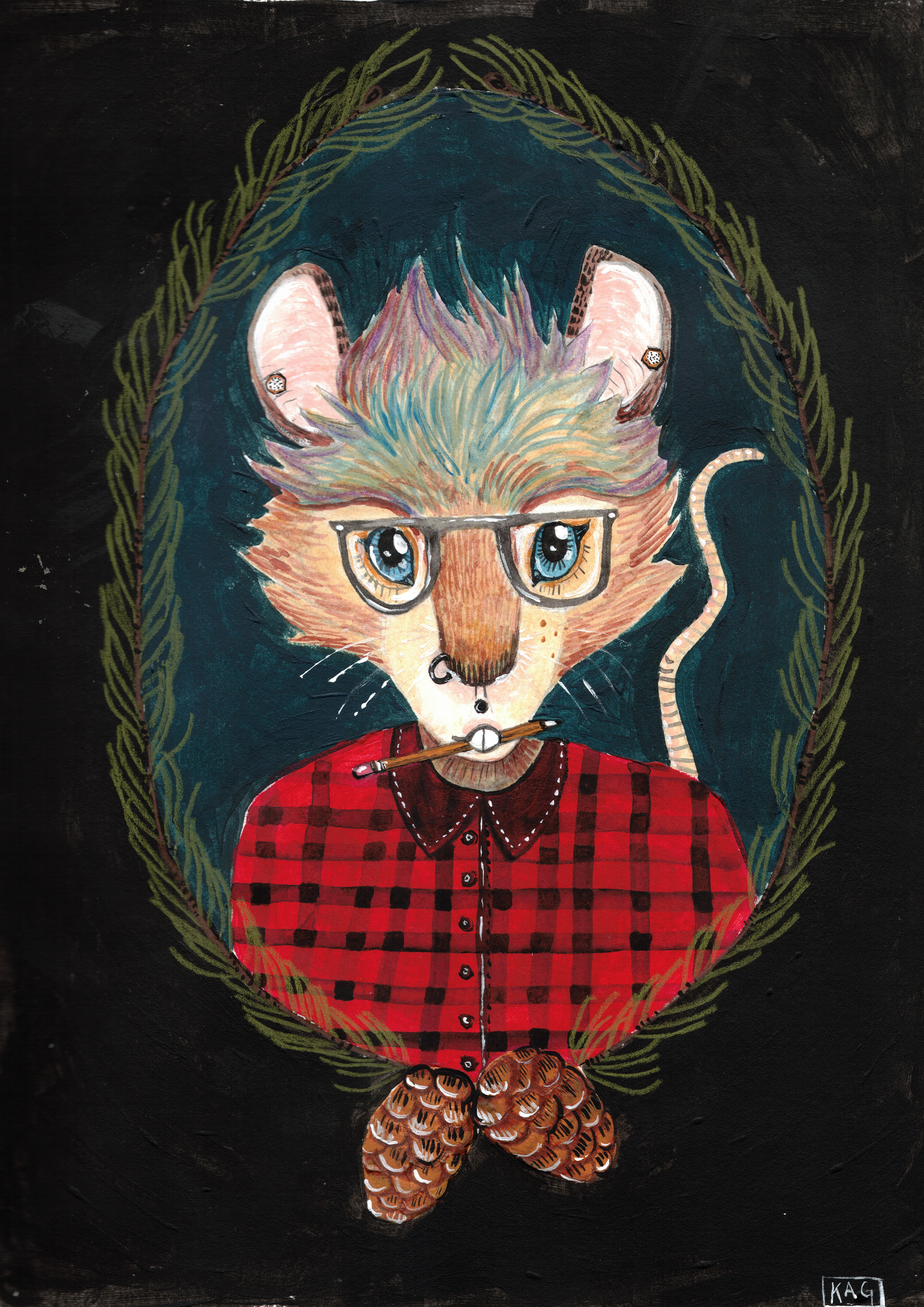 "Self Portrait of Artist as an Animal" - mixed media on paper.