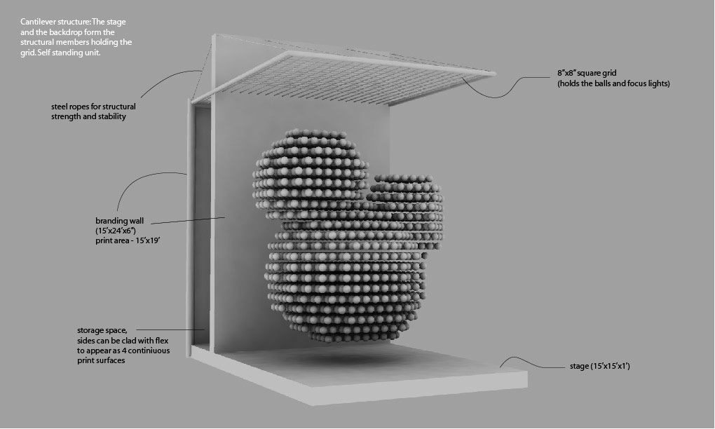 One of the options I'd developed was to suspend each ball as shown, keeping the whole structure self-standing.