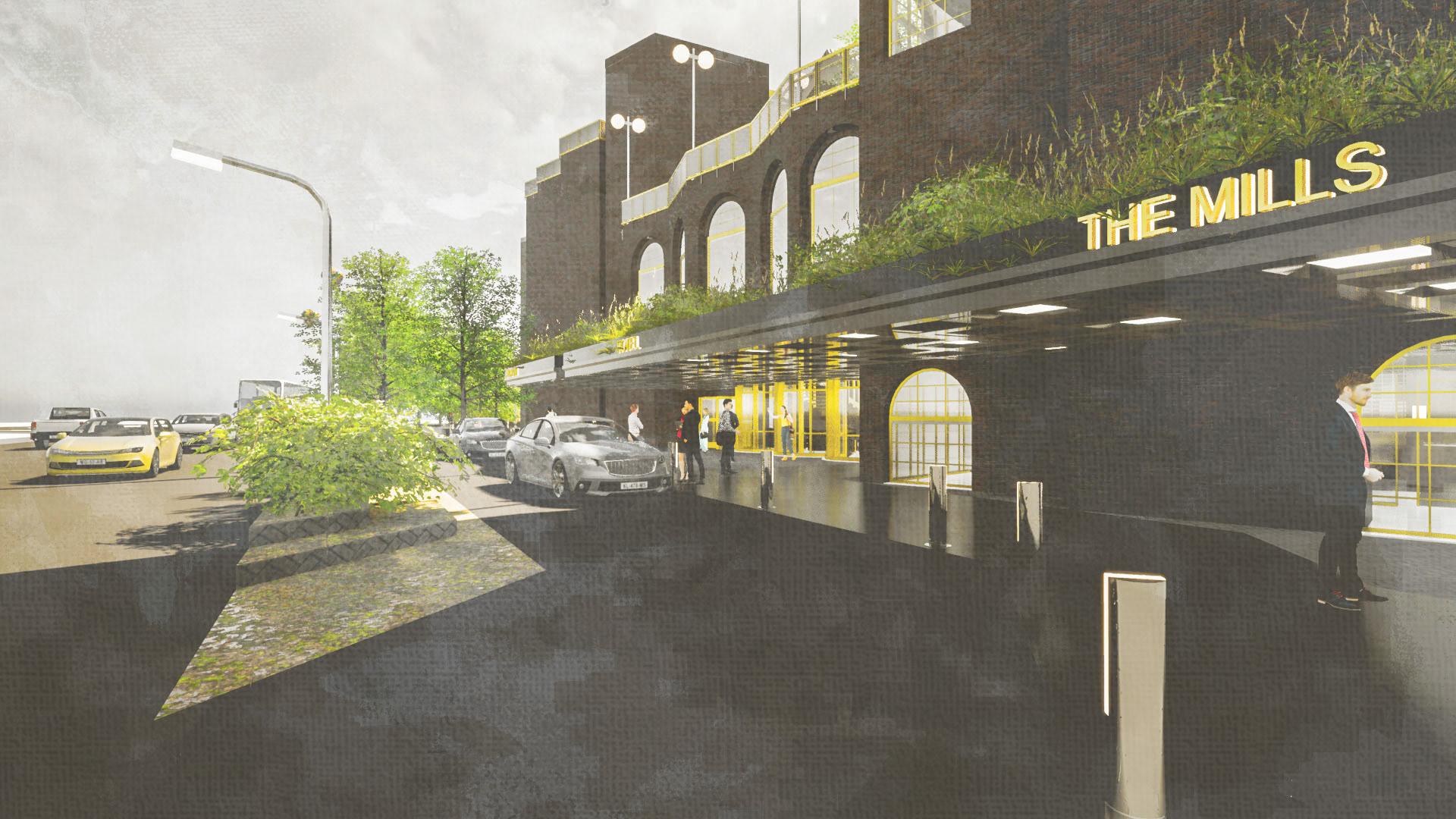 The roadside entrance and landscaped porte cochere.