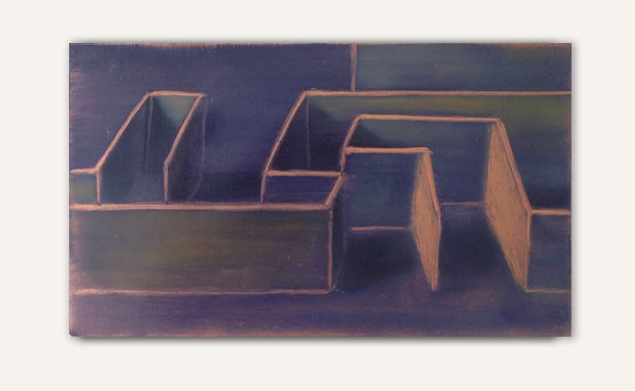 "Insides-outsides", huile sur feuille d'aluminium cuivrée, 9 x 14 cm
