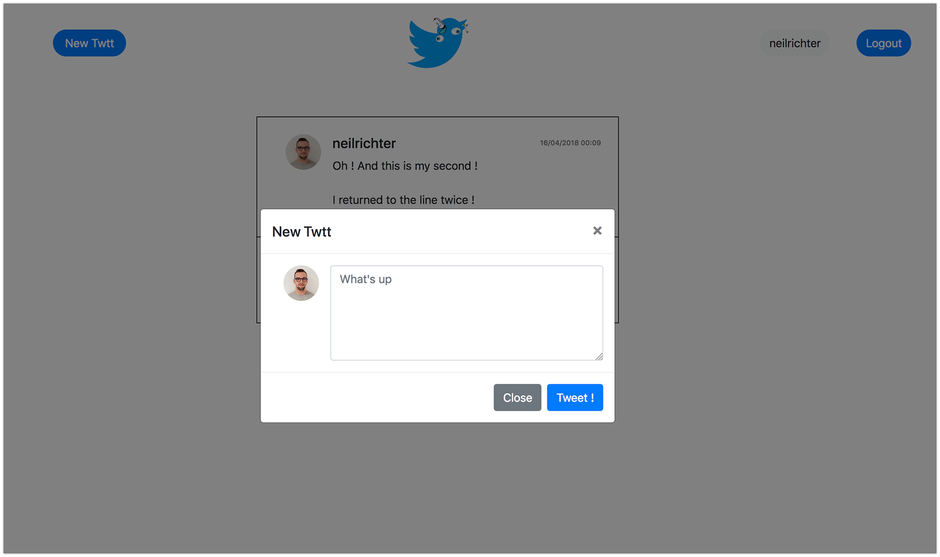 Twttr home page with new tweet editing