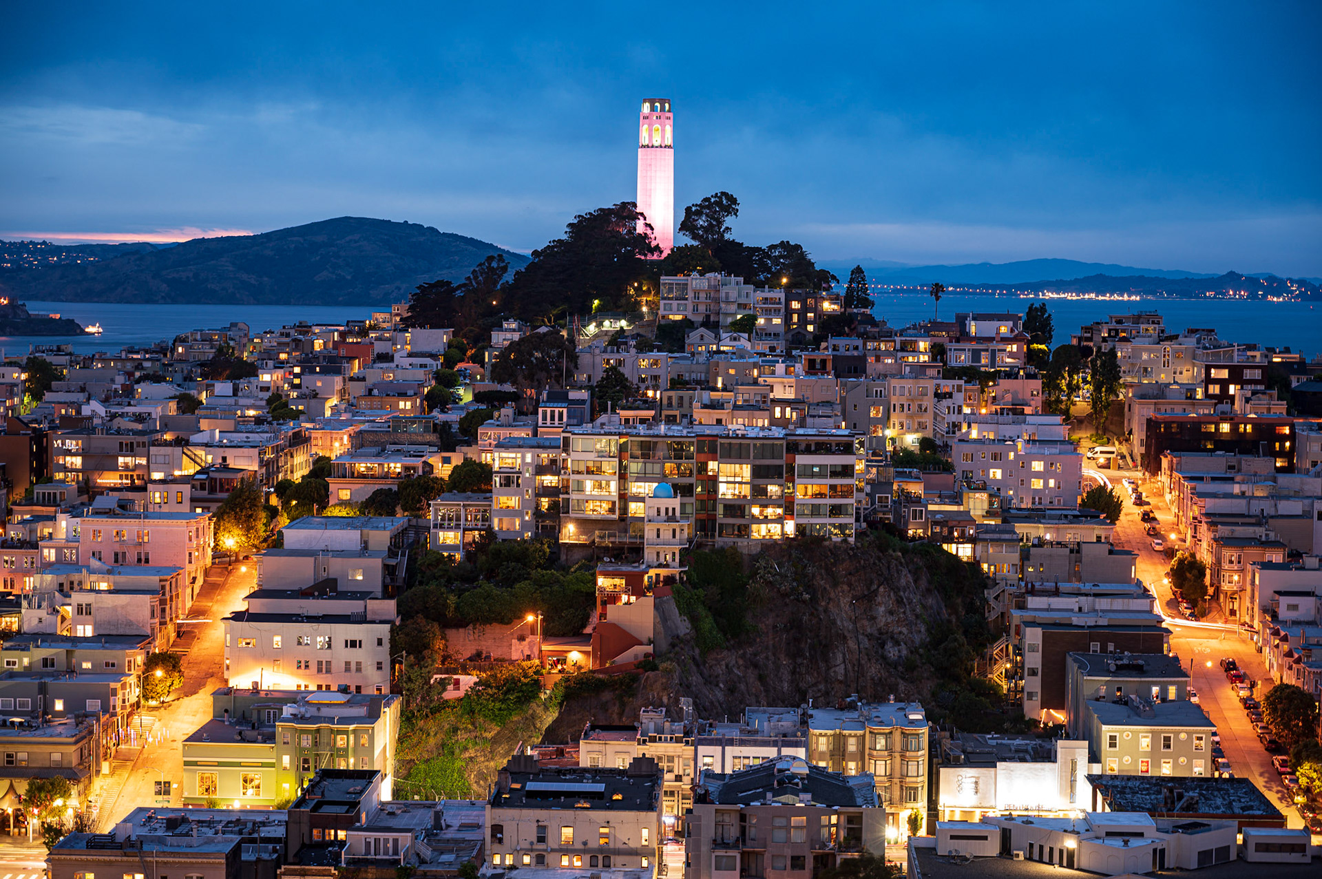 View of Coit Tower in at Sunset