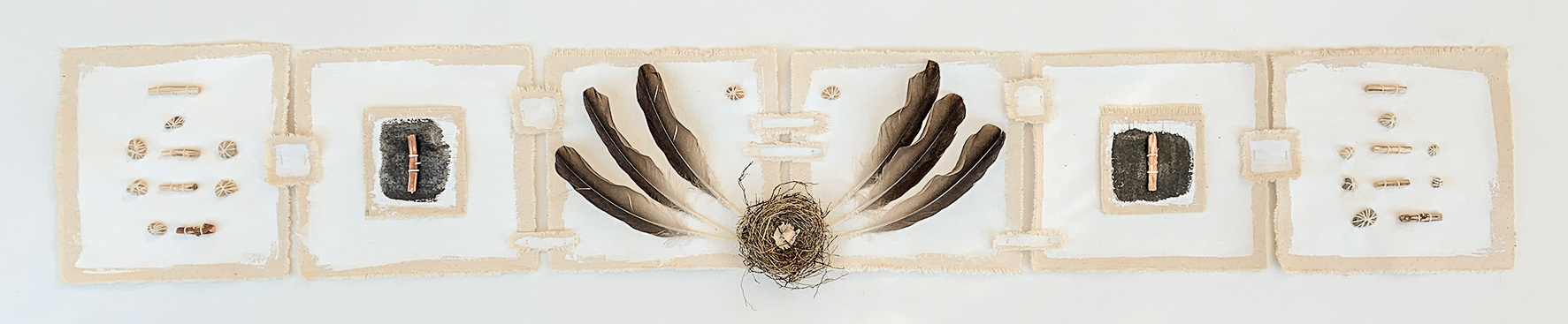 Bird Nest, 2nd Generation Composition, Canvas + stones + wood + acrylic paint, 12 x 58 in, 2020.